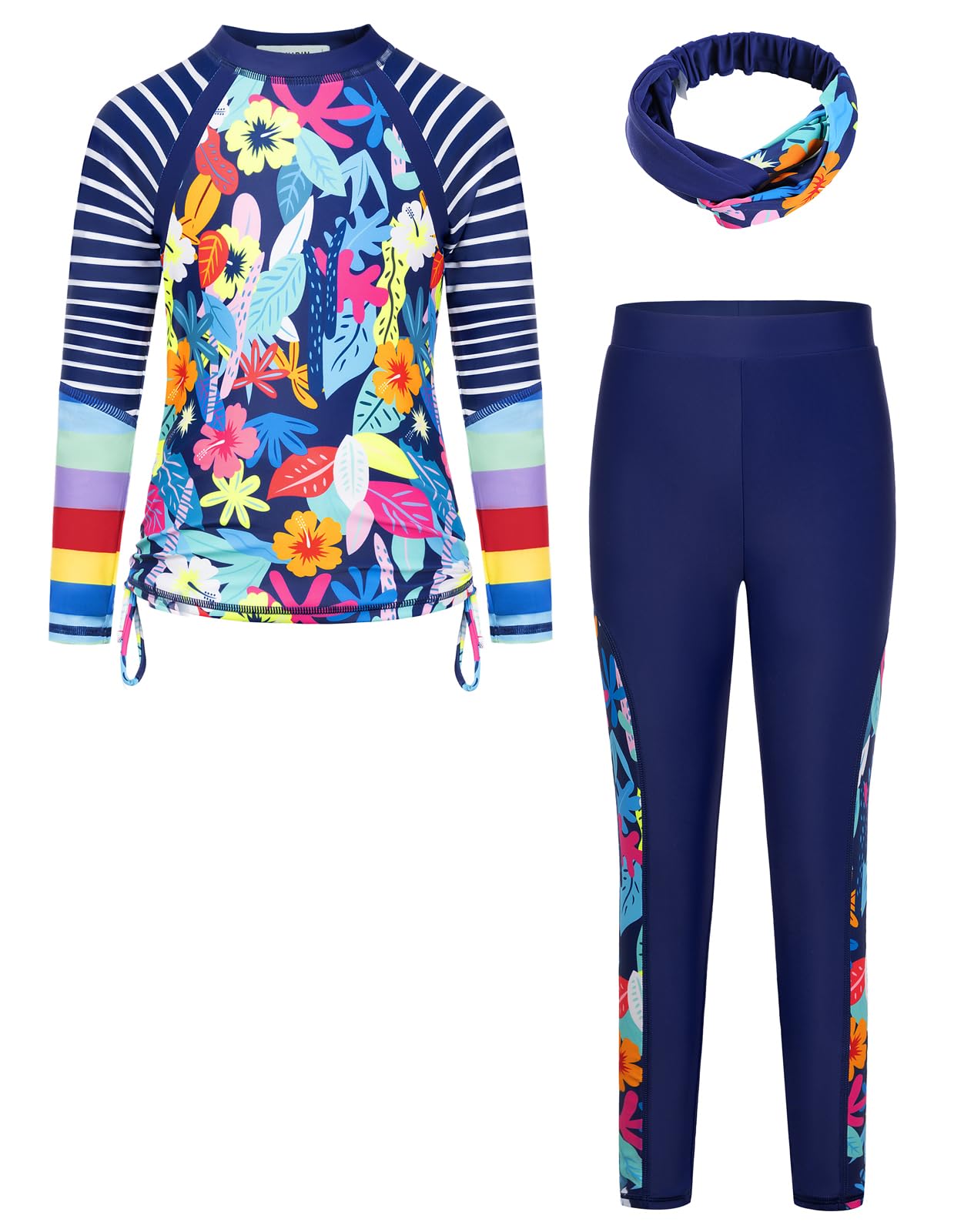 GRACE KARIN Mädchen Rundhals Bademode Set Zweiteiliger Langarm Schwimmanzug Blumenmuster Sommer Swimsuit für Kinder