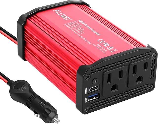 ALLWEI 300W Car AC Power Inverter DC 12V to 110V for Vehicles Converter USB-C PD65W/18W USB Fast Charging Ports Car Charger Adapter (Red)