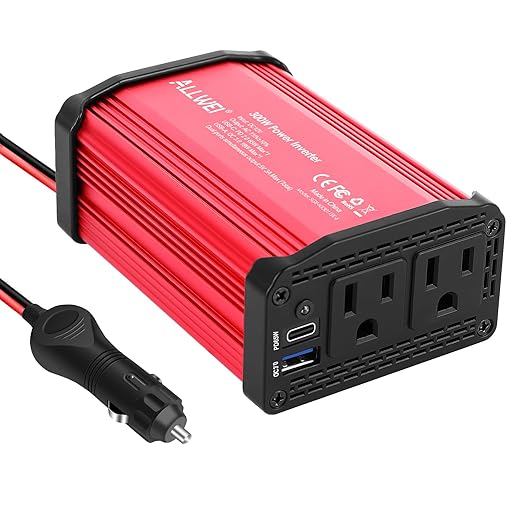 ALLWEI 300W Car Power Inverter with 65W USB-C and 3.0 USB Port - DC 12V to 110V AC Power inverters for Vehicles Converter Fast Charging Ports Car Charger Adapter (Red)