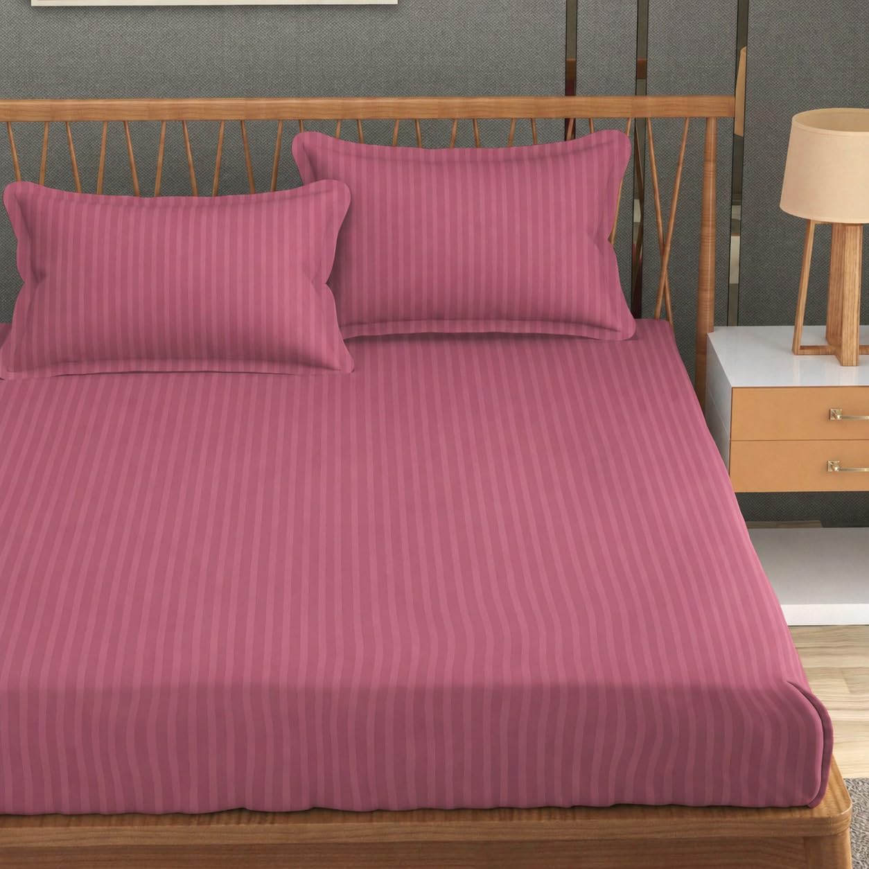 Homefab India 160 TC Stripe Glace Cotton Double BedSheet with 2 Pillow Covers - (90x90 inches) - Pink