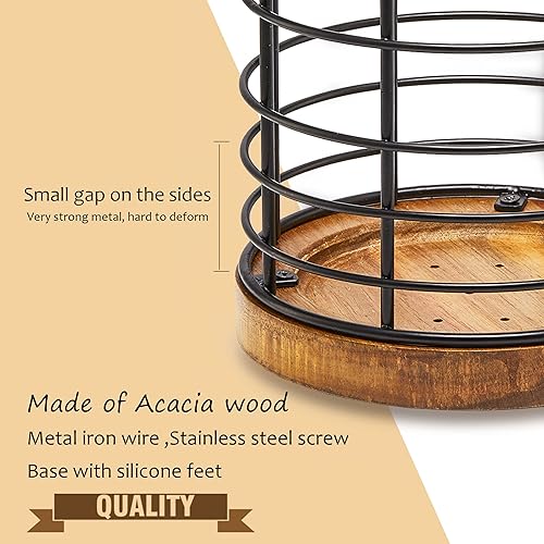 Miniatura 6 de Soporte para utensilios para encimera de cocina, alambre negro con base de madera, soporte para utensilios de cocina, soporte grande de utensilios