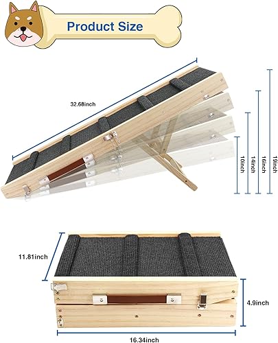 Miniatura 2 de Adjustable Dog Ramp, Wooden Folding Portable Pet Ramp,Rated for 30 LBS, 32.6" Long and Adjustable from 10" to 19" with Non-Slip Traction Mat, Dog