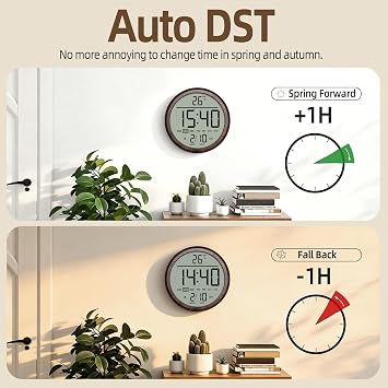 8 in Round Digital Wall Clock Battery Operated with Date,Calendar,Temperature,DST,12/24H,Alarm,Modern Large Number Atomic Clock for Bedroom, Living Room, Kitchen, Office for Elderly, Seniors