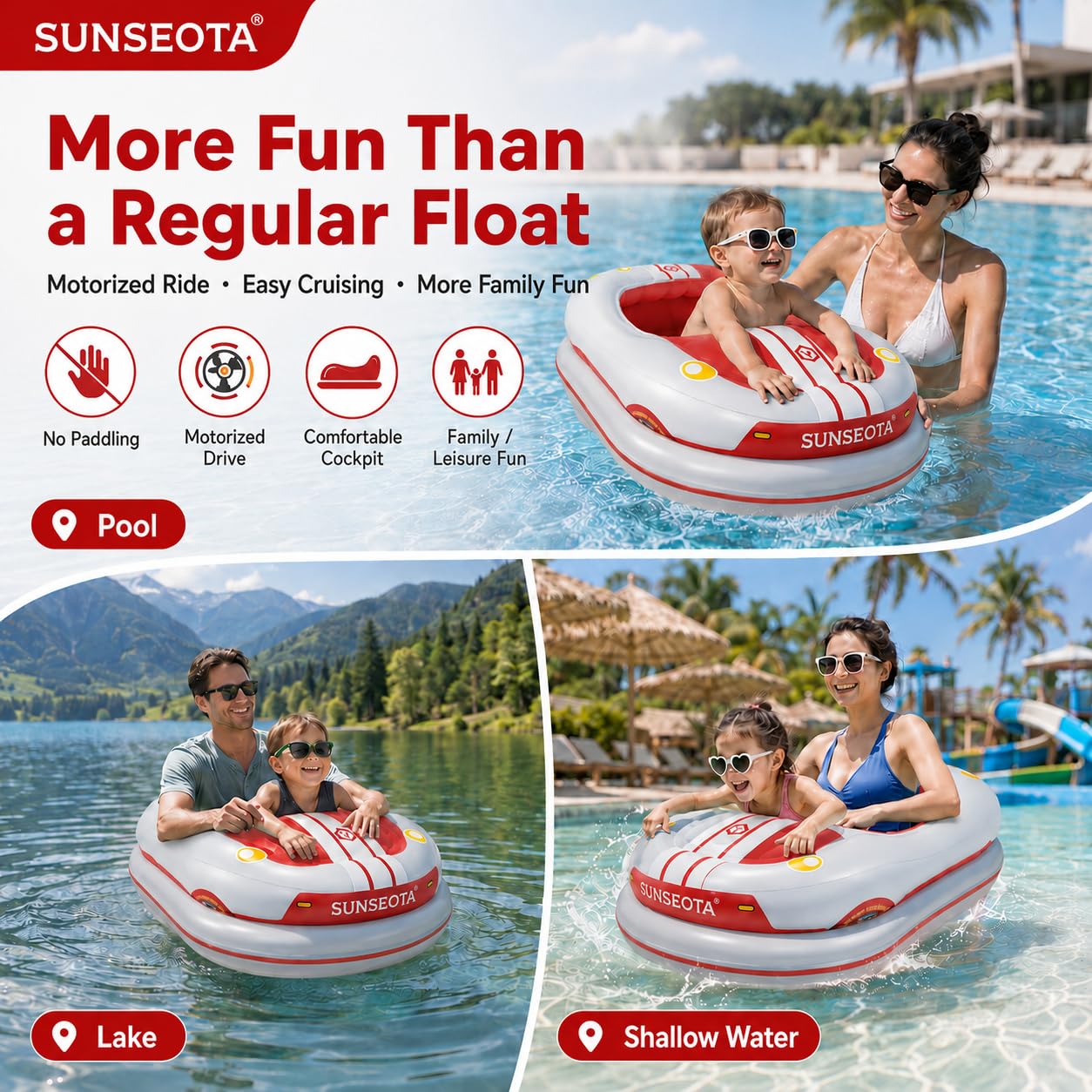 Lettino Galleggiante Motorizzato per Piscina, Poltrona Gonfiabile Elettrica con Joystick Multidirezionale, Batteria Ricaricabile da 2600 mAh e Pompa ad Aria Inclusa Red-1battery