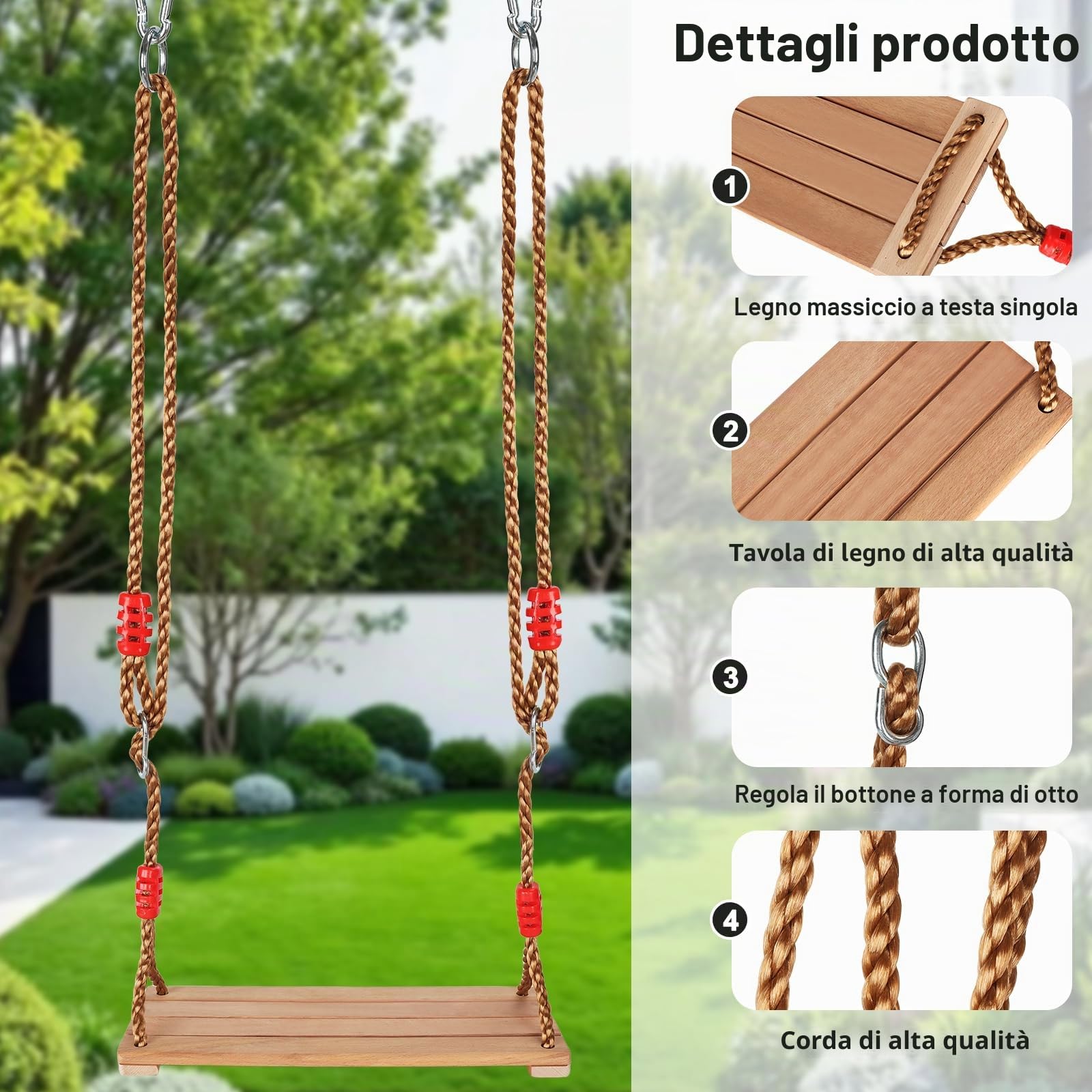 Altalena da Giardino per Bambini,Altalena Legno,Dondolo Bambini,Giochi da Esterno con Corda Regolabile,Borsa per Il Trasporto Adatto a Ragazzi e Adulti Che Non Pesano Più di 100 Chilogrammi