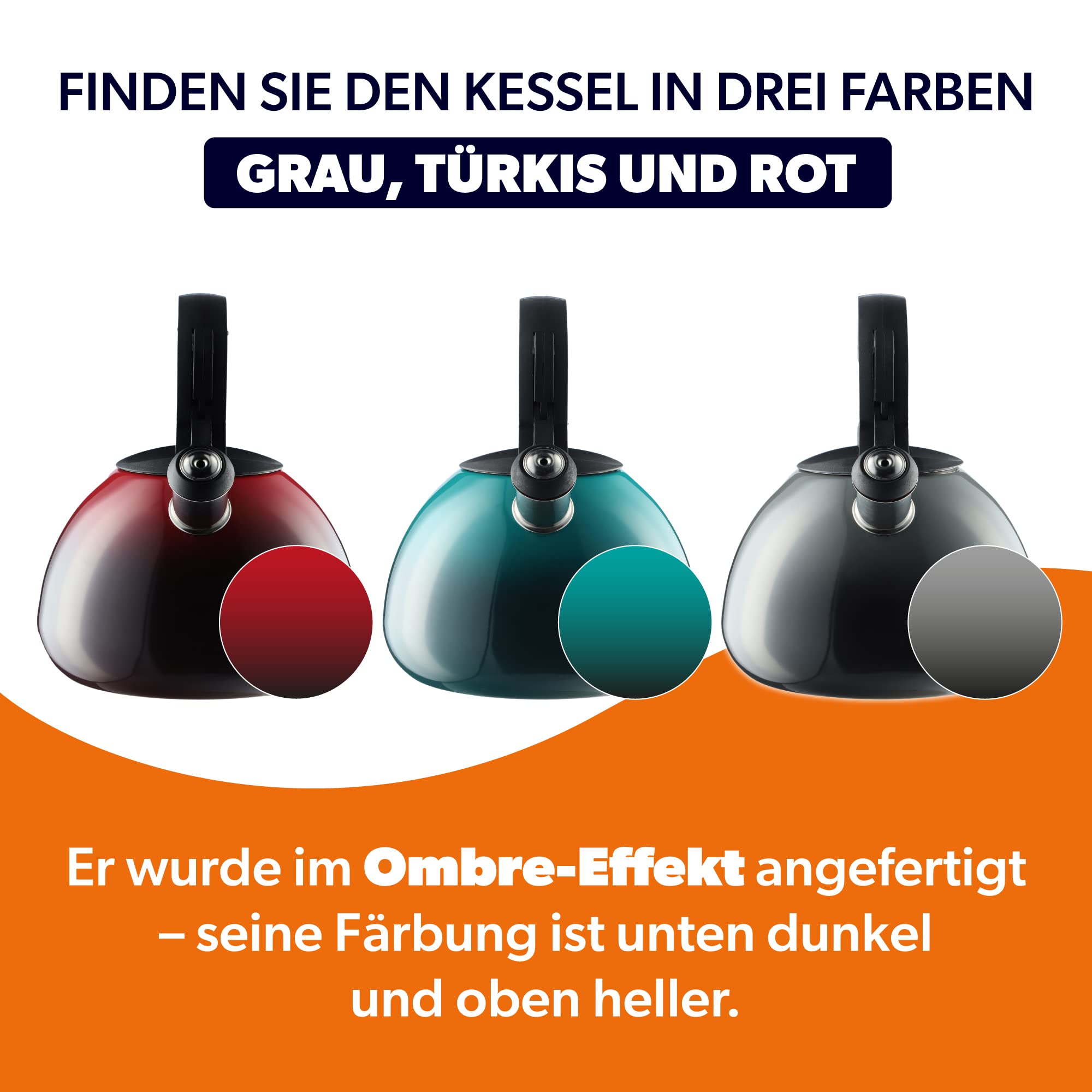 KADAX Teekessel, Edelstahl Flötenkessel, 3L Wasserkocher, Retro Kessel in 3 verschiedenen Farben, Wasserkessel mit Ombre-Effekt, Pfeifkessel (Grau)