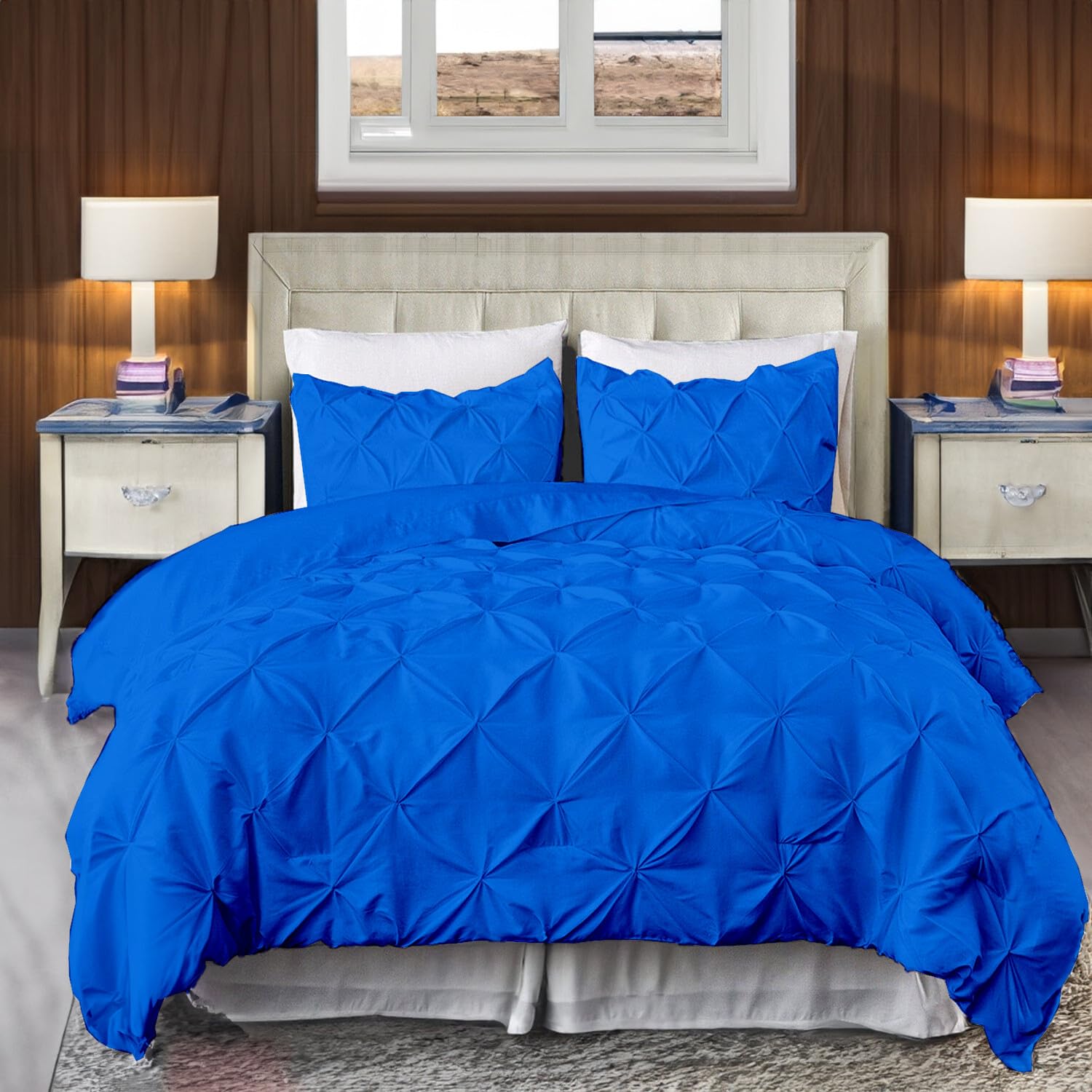 EASYCOT 800TC Diamond Pintuck Duvet Cover Set Egyptian Cotton 3 Piece Duvet Cover Set Pinch Pleat Comfortable Hotel Quality Bedding set - Egyptian Blue,Double Size