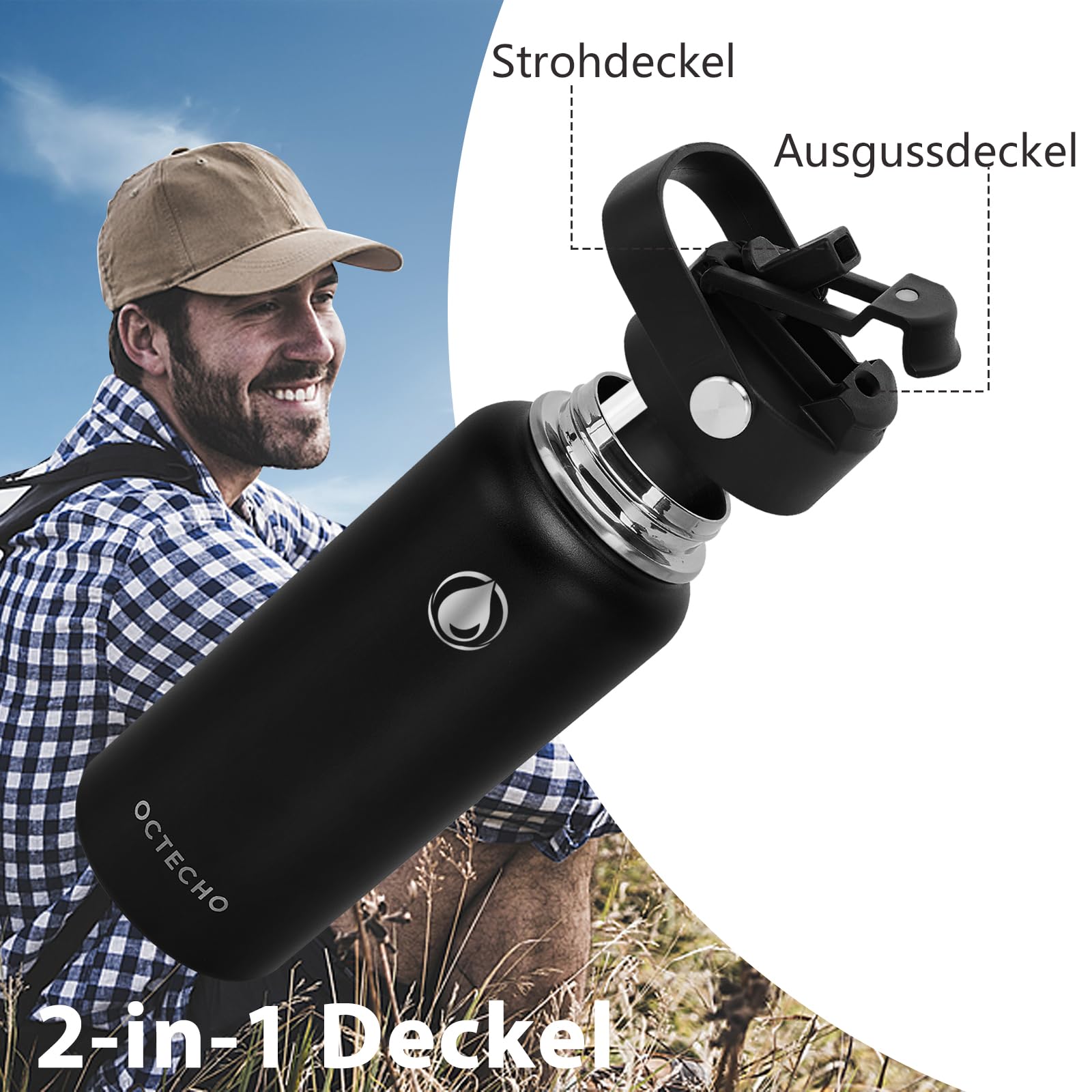 OcTecho Vacuum Insulated Stainless Steel Water Bottle 950ml,Metal Water Bottle with Straw, 2-in-1 Leakproof Lid - Image 2