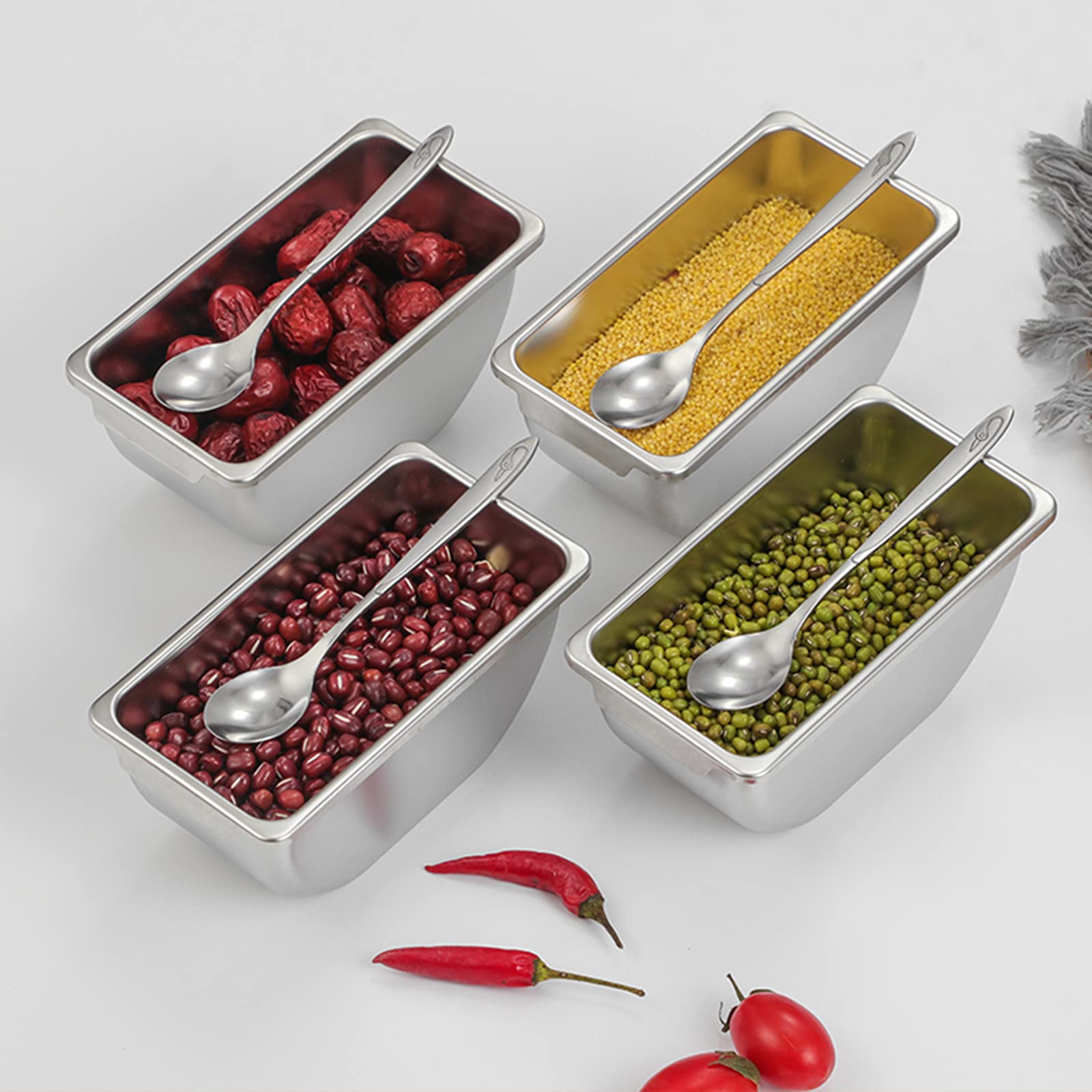 Contenitore per ingredienti in acciaio inox, con 4/5 scomparti, con coperchio e griglia interna rimovibile per frutta, spezie, esche e müsli (5)