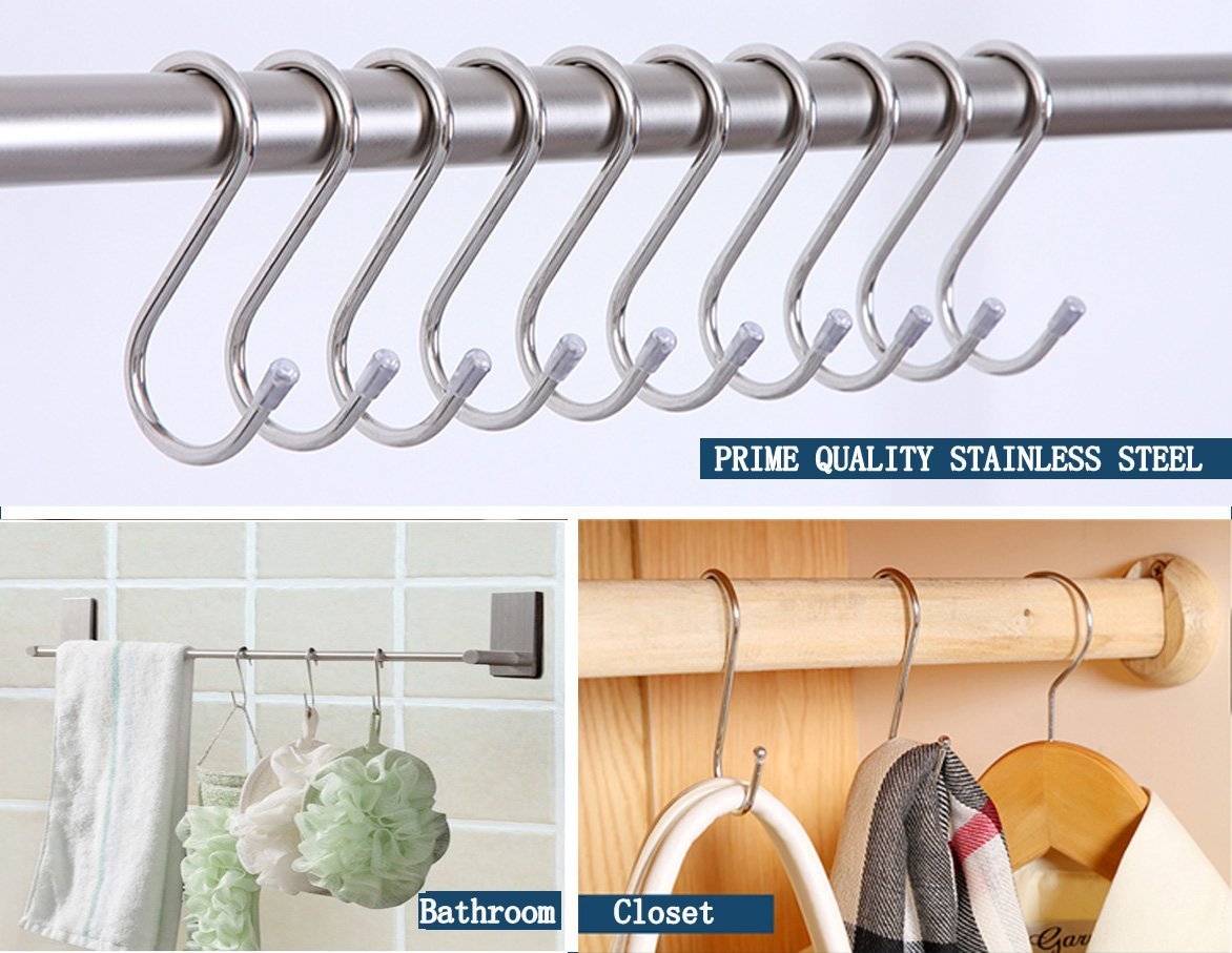 10 Pack 304 Stainless Steel Rubber Head Heavy-Duty S Shaped Hooks Kitchen Pot Pan Hanger (10, S)