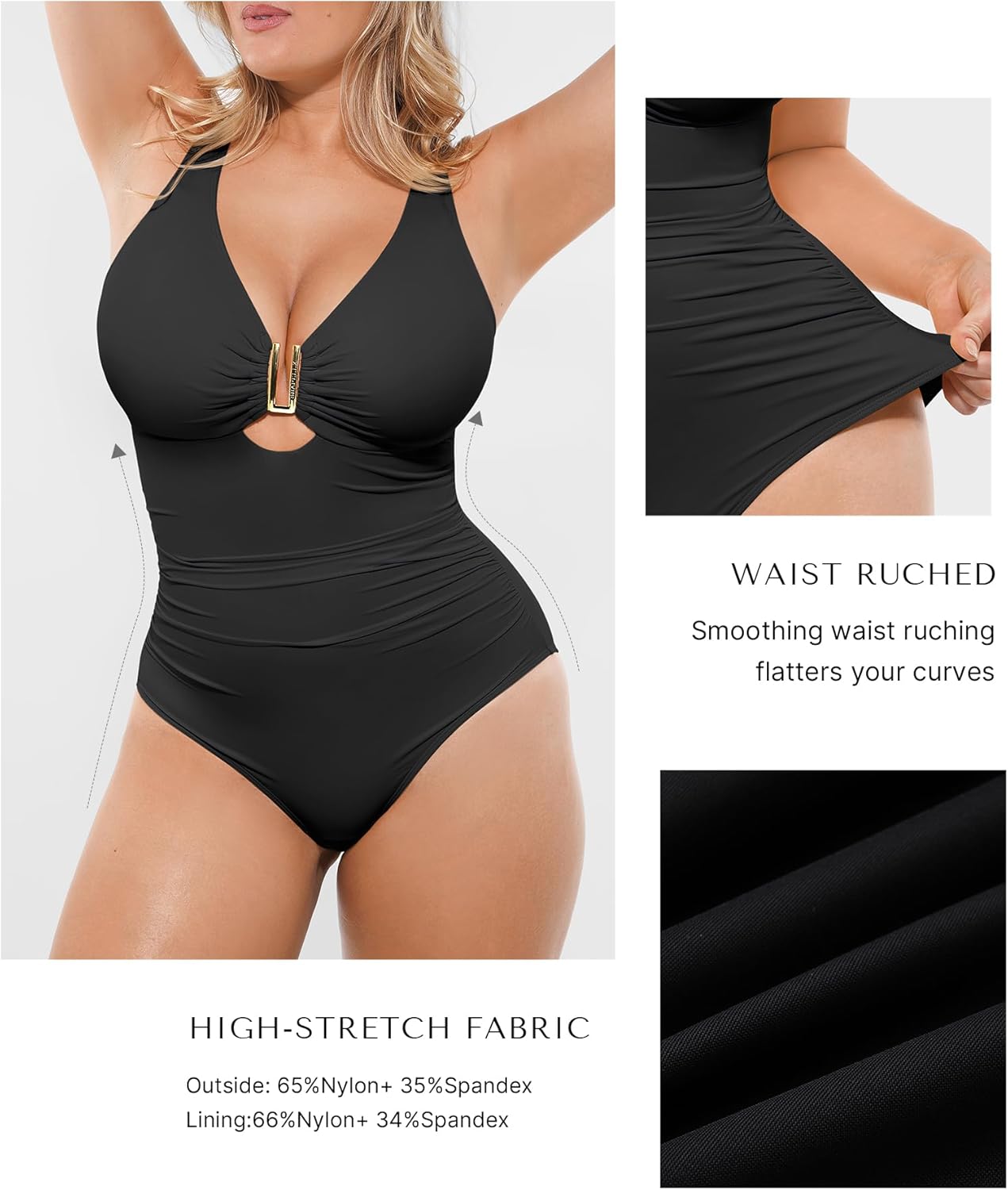 SHAPELLX Tummy Control Swimsuits One Piece V Neck Slimming Bathing Suit for Women Cutout Ruched Shapewear Swimwear - Image 5