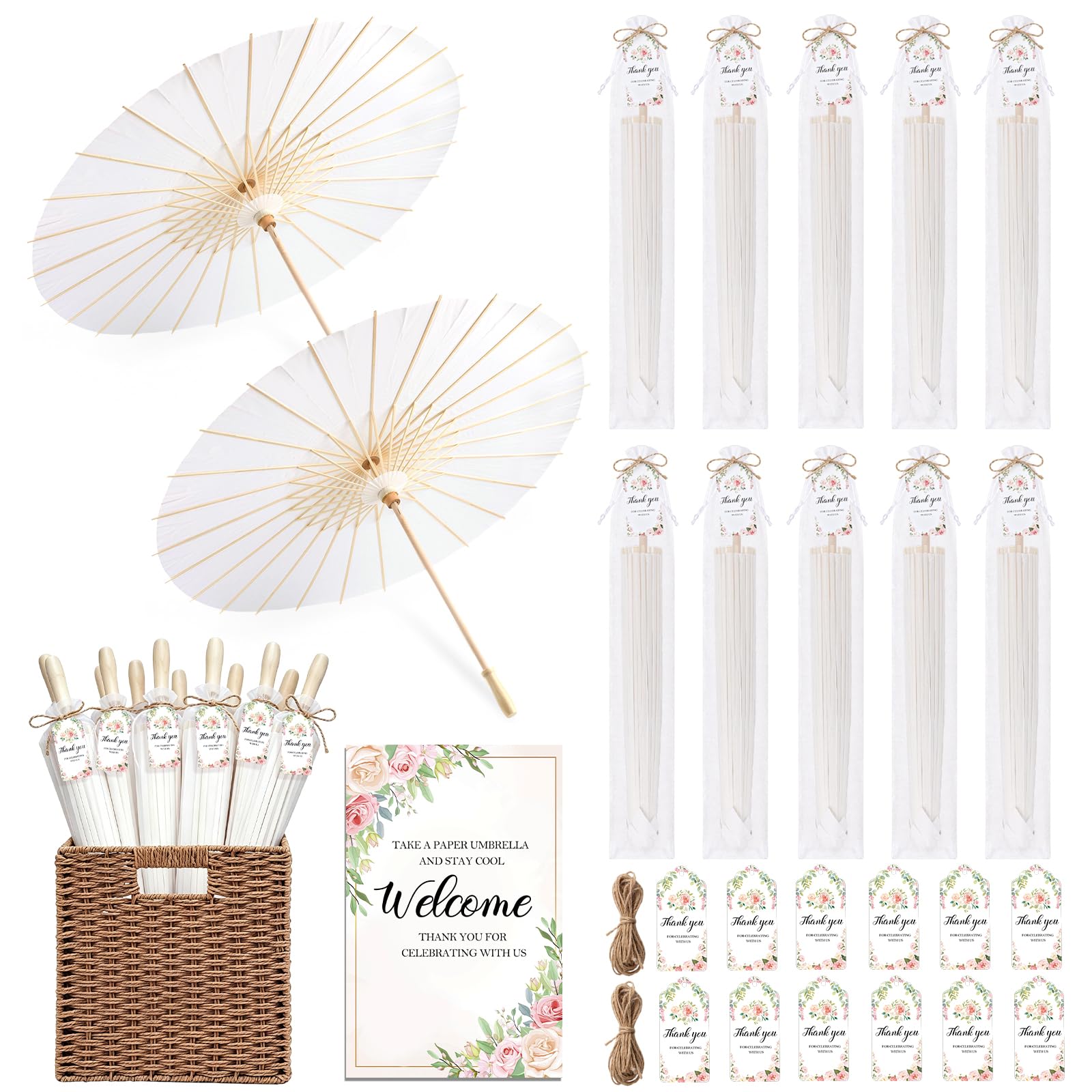 Mototo 12 Sets 83 cm weißer Papier-Sonnenschirm für Hochzeit, chinesischer japanischer Papierschirm mit faltbarem Aufbewahrungskorb, DIY-Malerei, weißer Sonnenschirm, Dankeschön, Hochzeitsgeschenke