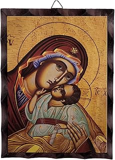 Greek Christian Orthodox Icon Virgin Mary Image Hanging Painting 6.3 x 4.7 in Handmade Solid Wood Decorative Painting for Home and Church Decoration