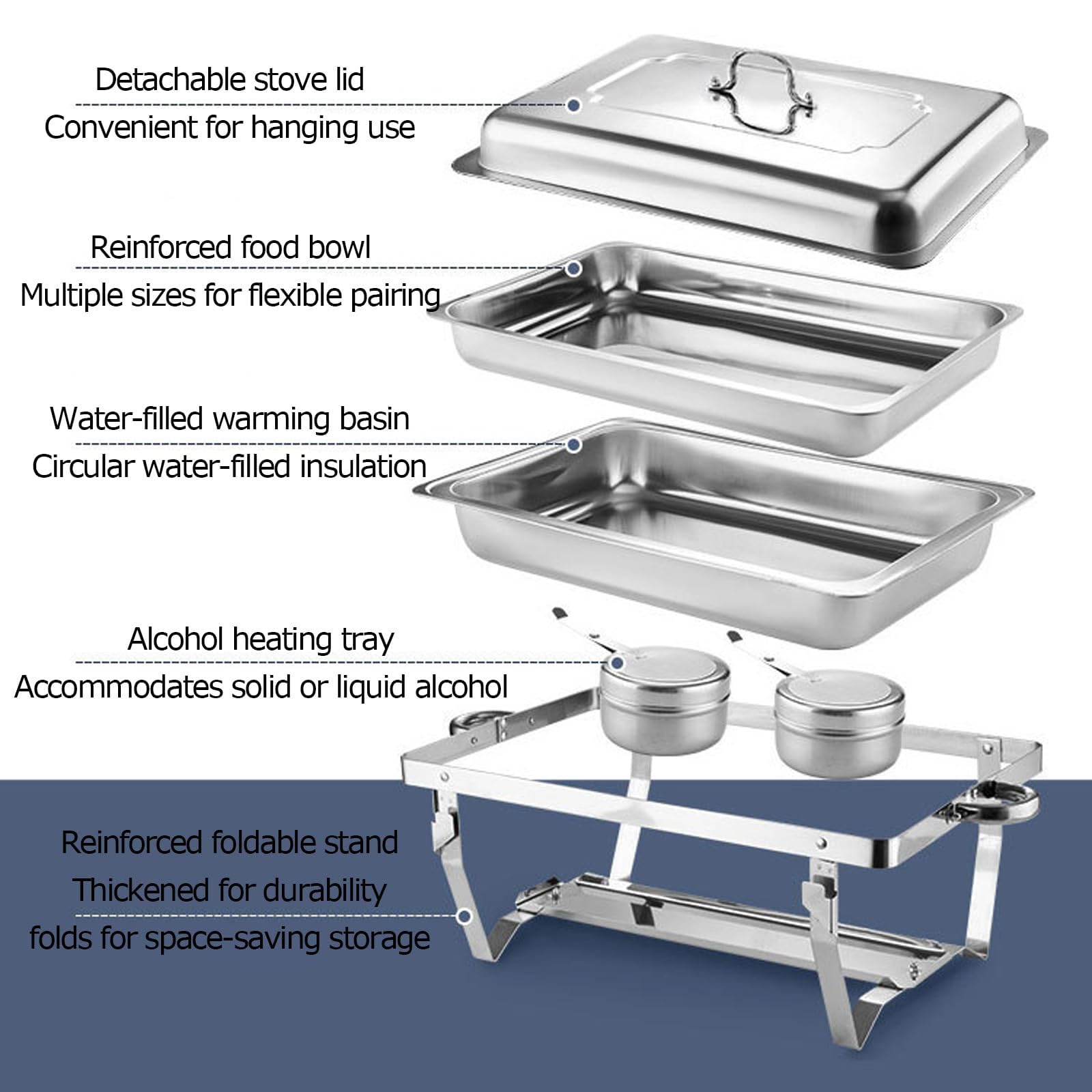 Juego de Buffet con Fiambrera de Acero Inoxidable de 11L, Contenedor para Calentar Agua y Comida con Cuenco, Tapa y Estufa de Alcohol, para Uso en Buffet, Banquete, Boda, Cena y Fi 2-Compartment, 11L