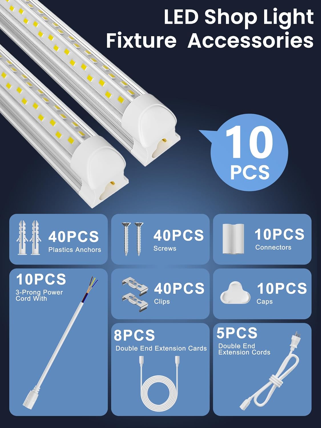 4FT LED Shop Light, 50W 7500LM 6000K Daylight, V-Shape Linkable Shop Lights with Plug, T8 Integrated 4 Foot Tube Light Fixture, Clear Cover High Output for Garage Workshop Warehouse Basement, 10-Pack