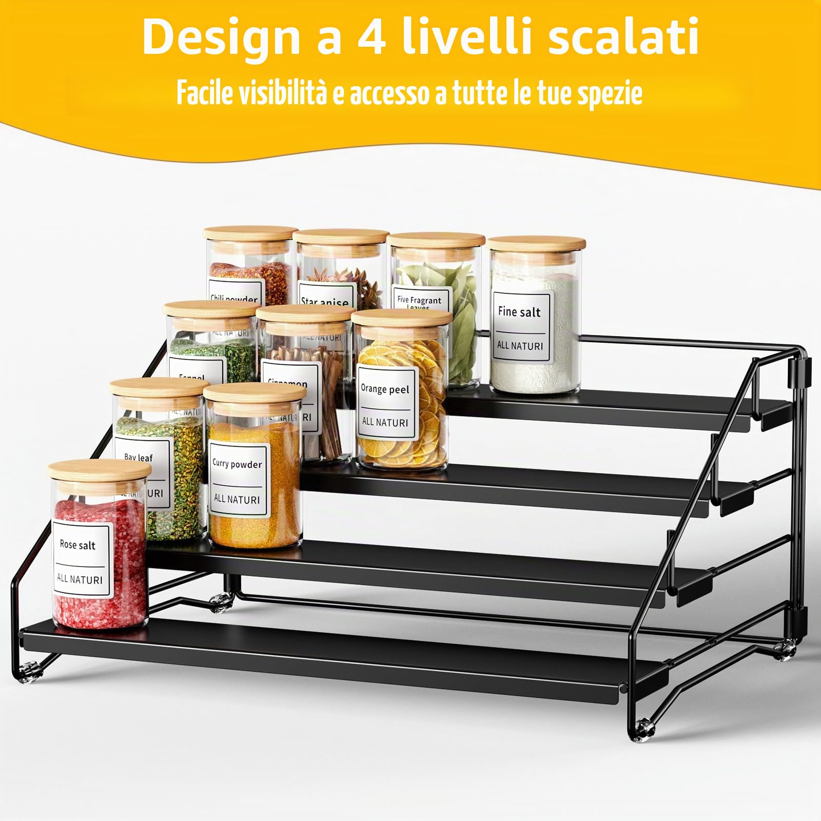 Porta Spezie per Cucina, Portaspezie Salvaspazio A 4 Livelli, Profondità Regolabile Organizer Cucina, Per Bancone, Armadio (Set Di 1)