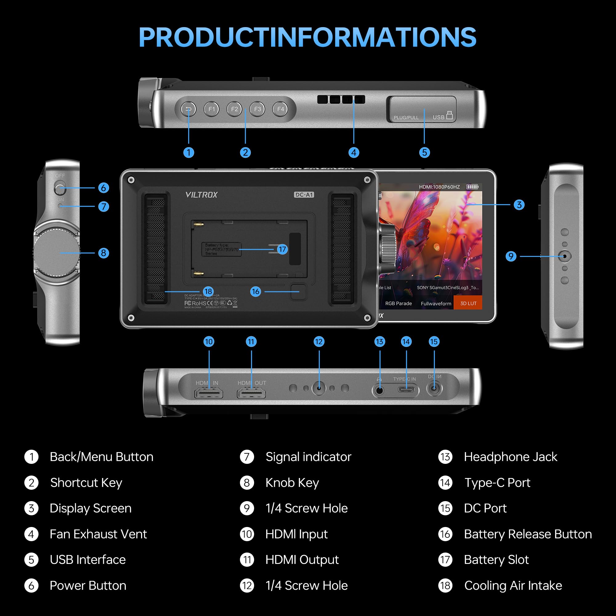 VILTROX DC-A1 2800 nits Moniteur de caméra, 7 Pouces IPS HD 1920x1080 écran Tactile Caméra Moniteur vidéo avec 4K HDMI 2.0, LUT 3D, Focus Peaking, Assistance vidéo, HDR Full Waveform, Batterie F550