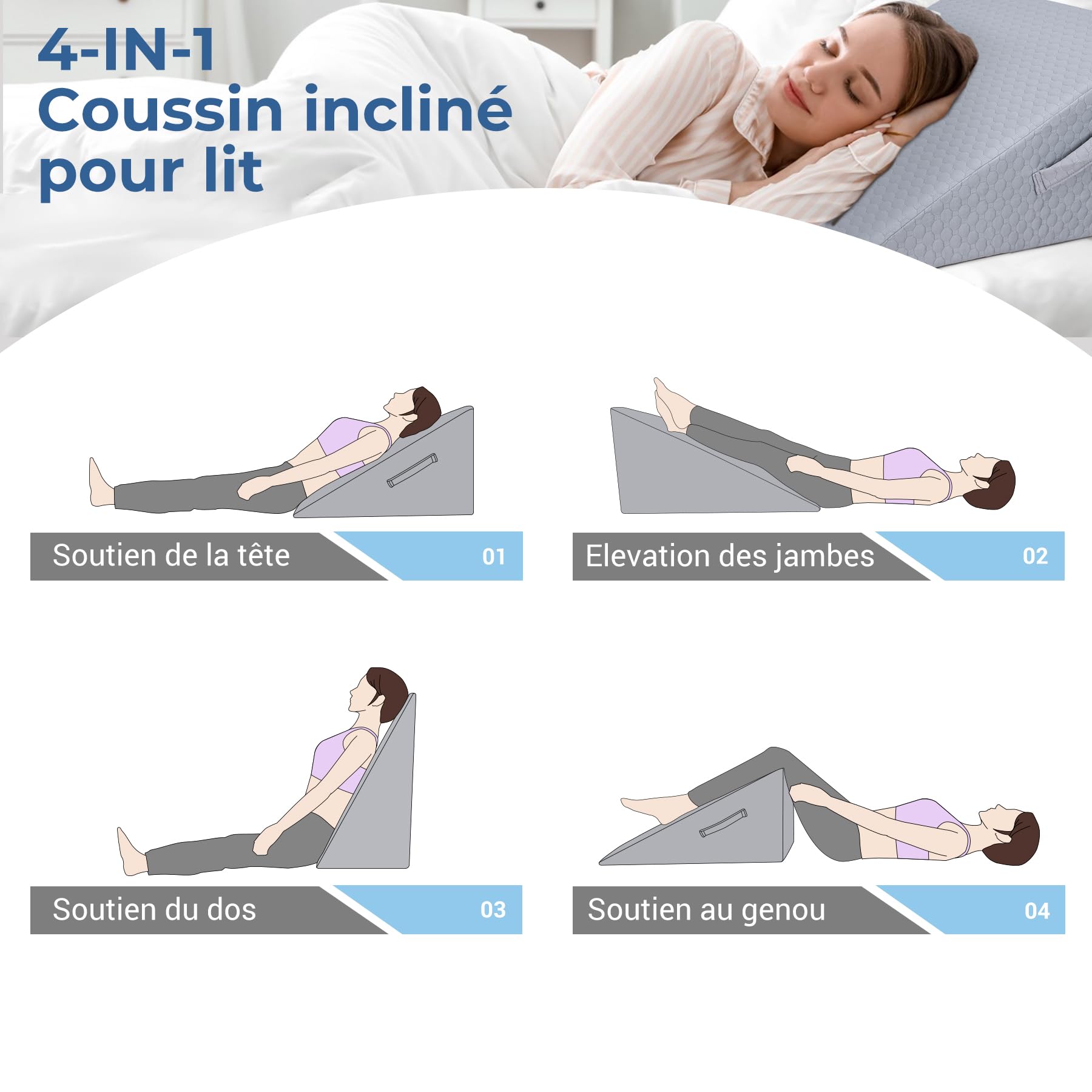 INFANZIA Cuscino inclinato per letto, cuscino triangolare ergonomico in memoria di forma per apnea del sonno, cuscino ad angolo, russare, reflusso acido (grigio)