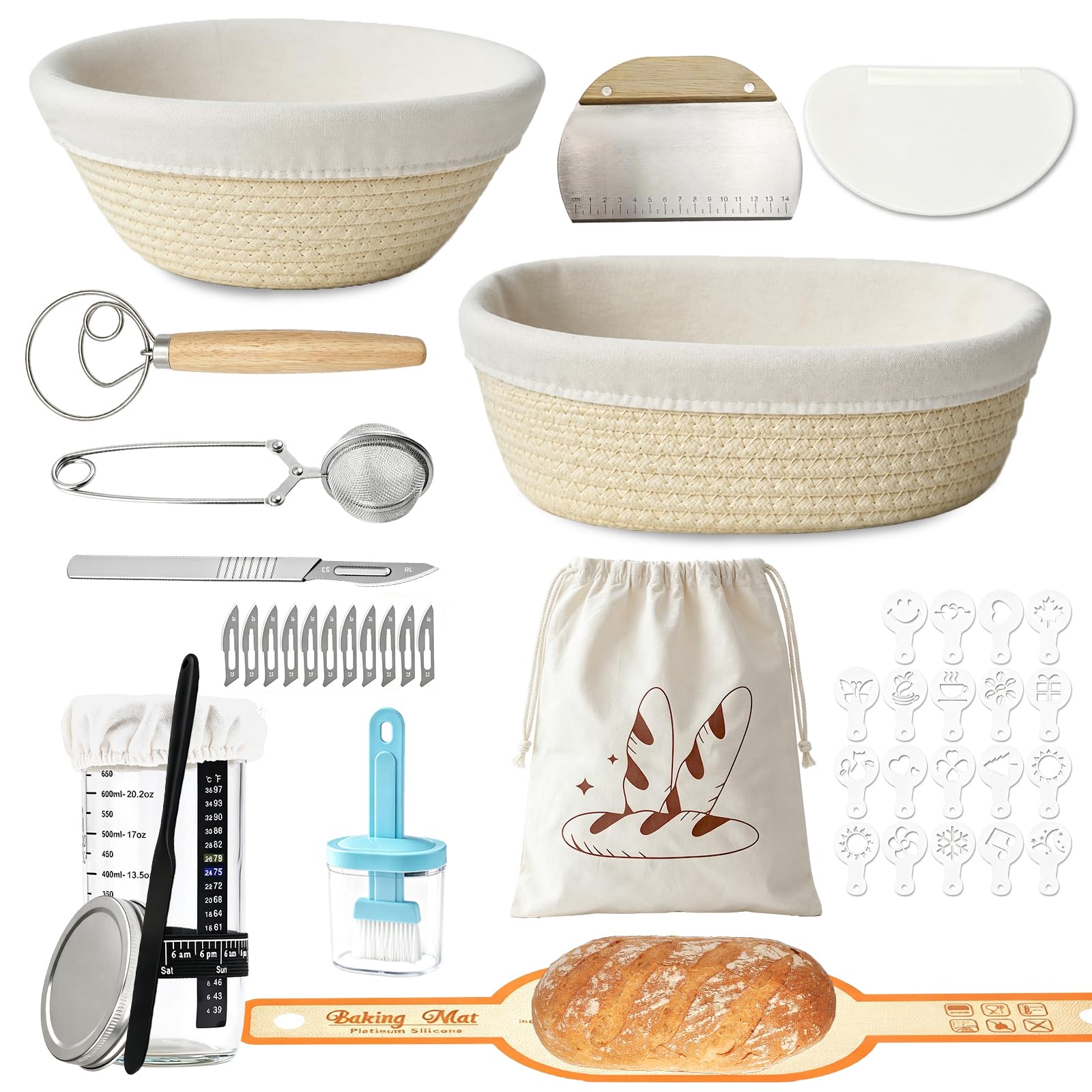 21pcs Cestino per Lievitazione del Pane Set Grande Regalo per Principianti | Kit Preparazione Pane in Casa Accessori per La Cottura Del Pane per Impasto di Pane Pizza e Pasticceria