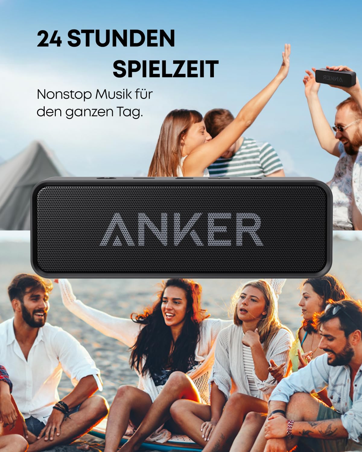 Upgrade, Anker soundcore Bluetooth Lautsprecher, IPX5 Wasserschutz, Stereo Sound, 24h Akkuleistung, kompakter kabelloser Lautsprecher für iPhone, Samsung und mehr