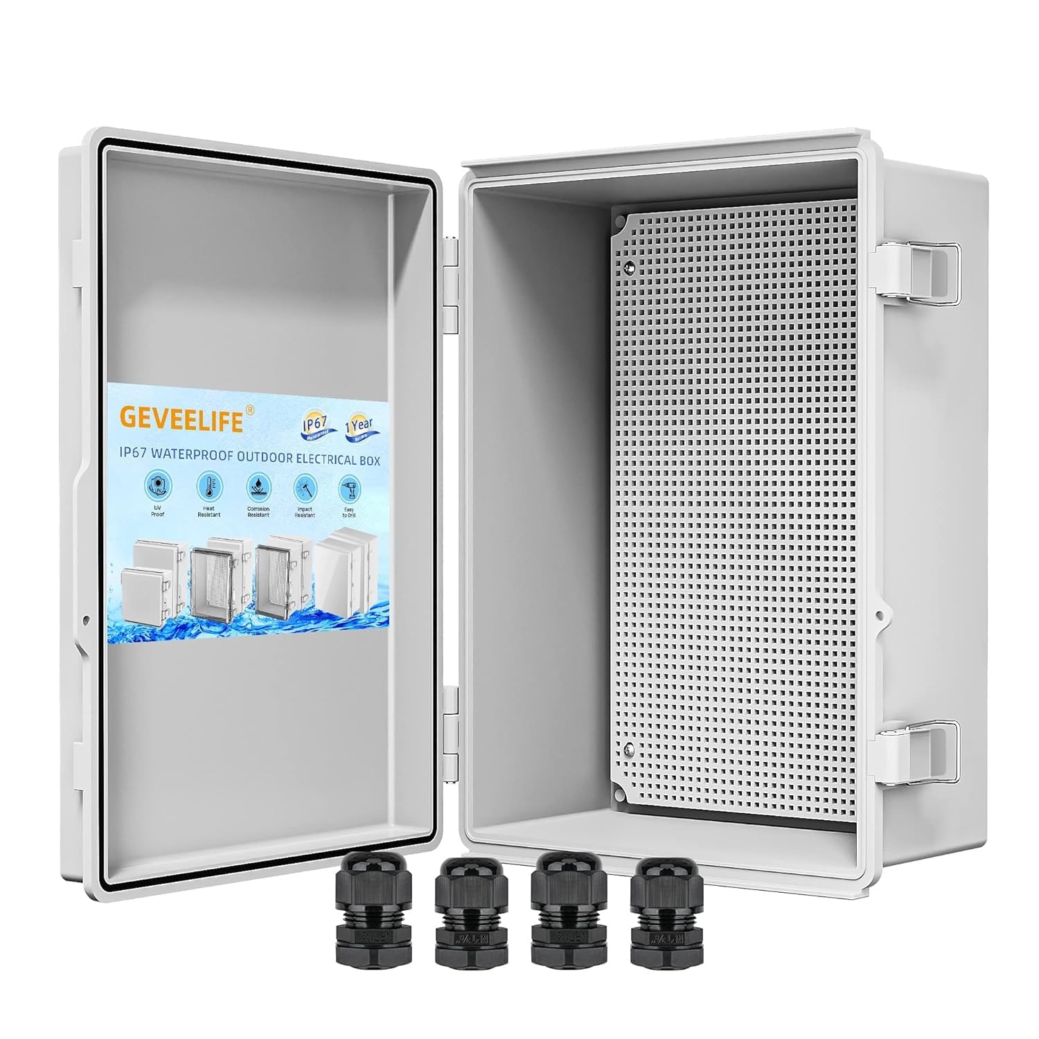 GEVEELIFE Waterproof Junction Box ABS Plastic, Outdoor Electrical Box IP67 Hinged Cover Project Box with Mounting Plate Wall Brackets and 2 Cable Glands, Grey Electrical Enclosure 10.5"x6.5"x5.3"