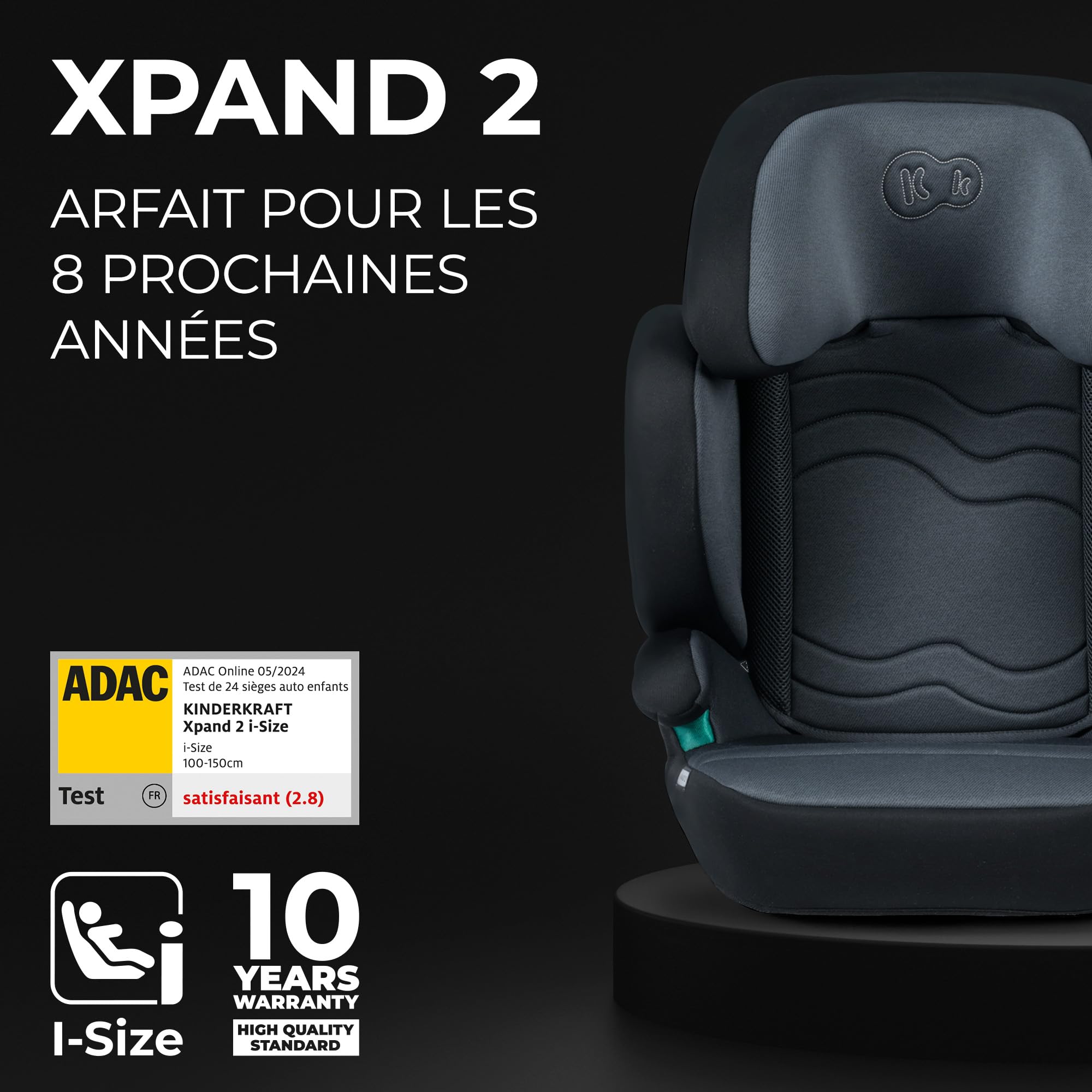 Kinderkraft XPAND2 I-Size, Siège Auto Isofix, Groupe 2/3 (15-36 kg), Réhausseur, Gris