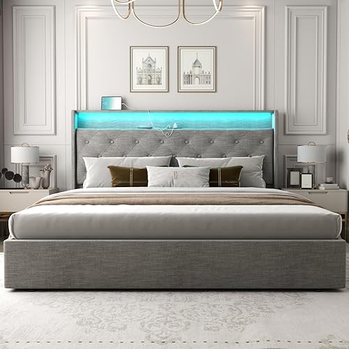 Miniatura 51 de Loomie Base de cama King con estación de carga y luces LED, cama tapizada con cabecera de almacenamiento copetuda con botones, almacenamiento Gris