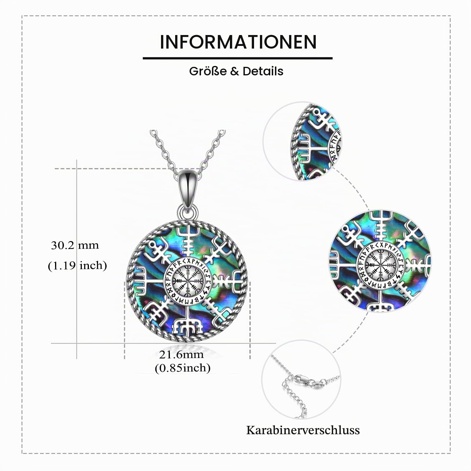 Wikinger Kompass Halskette Sterlingsilber Runen Vegvisir Anhänger Halskette Abalone Muschel Nordic Amulett Schmuck Geschenke für Frauen