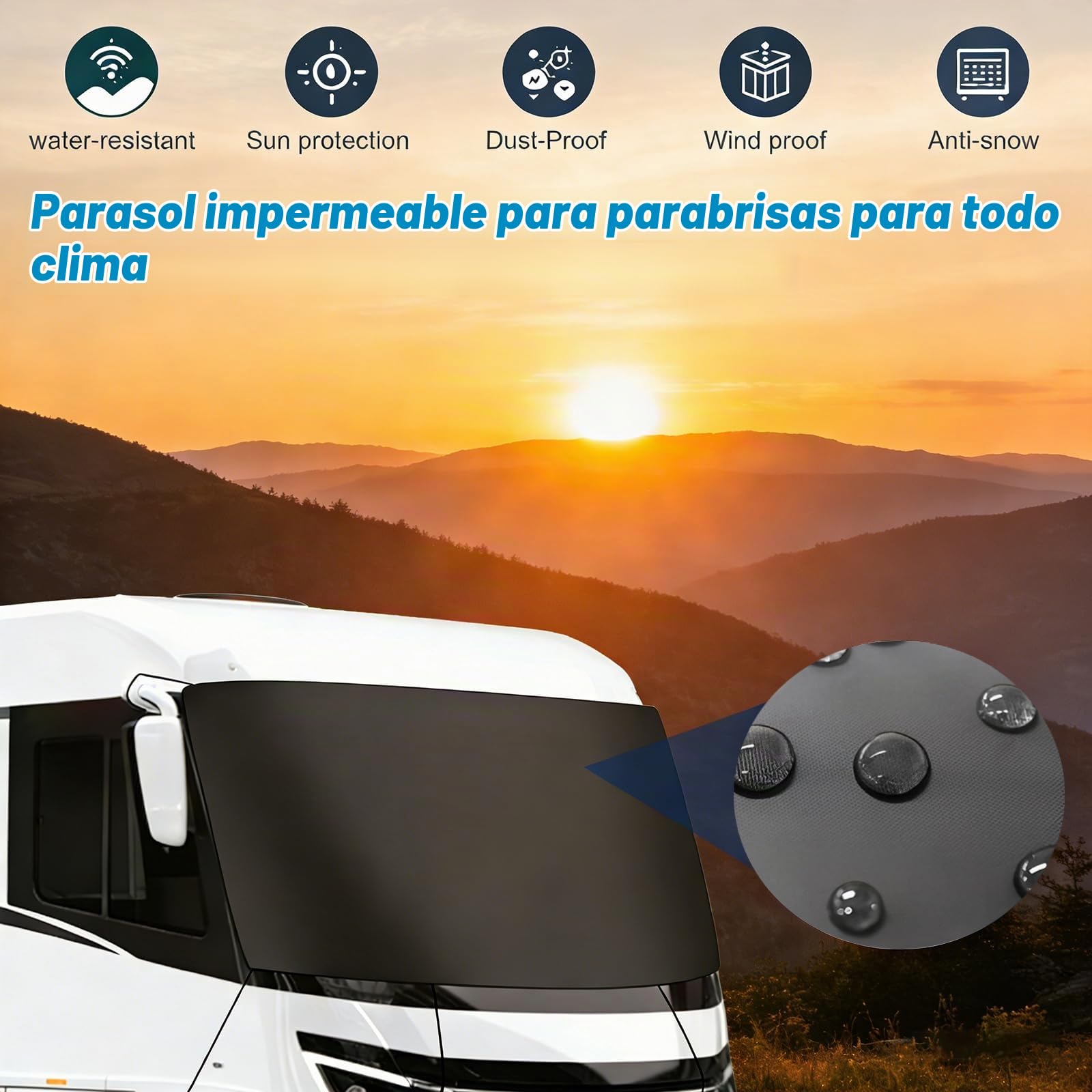 Cubierta para parabrisas de autocaravana integrada, 600d lujo A clase A con cremallera para parabrisas de coche, reemplazo, bloquea los rayos UV - 100% oscurecimiento