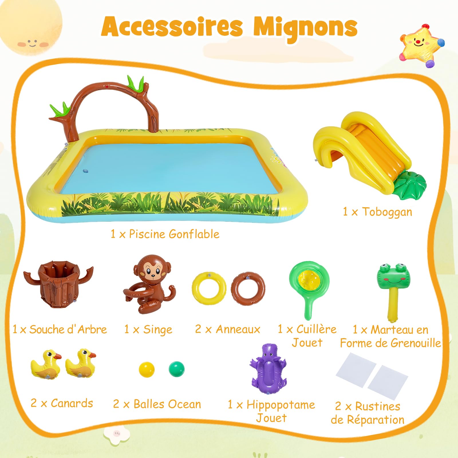 COSTWAY Piscine Gonflable Enfants Jungle avec Toboggan et Arroseur, Aire de Jeu Pataugeoire avec Jeu de Lancer d'Anneaux et Jouet Singe et Hippopotame pour Jardin Balcon Plage, 2-6 Ans, 207x168x77cm