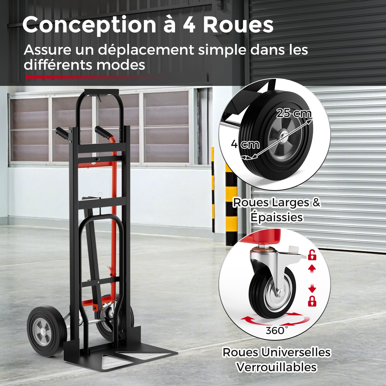 COSTWAY Diable Pliant en Métal 3 en 1 avec 4 Roues en Caoutchouc, Chariot de Transport Industriel Robuste Capacité 450 Kg, Diable Convertible pour Déménagement Entrepôt Maison, Noir+Rouge