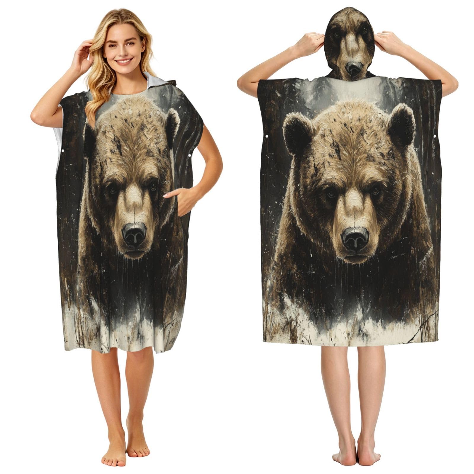 DTHKJNLSF Grizzly Bear Adult Hooded Beach Poncho Towel