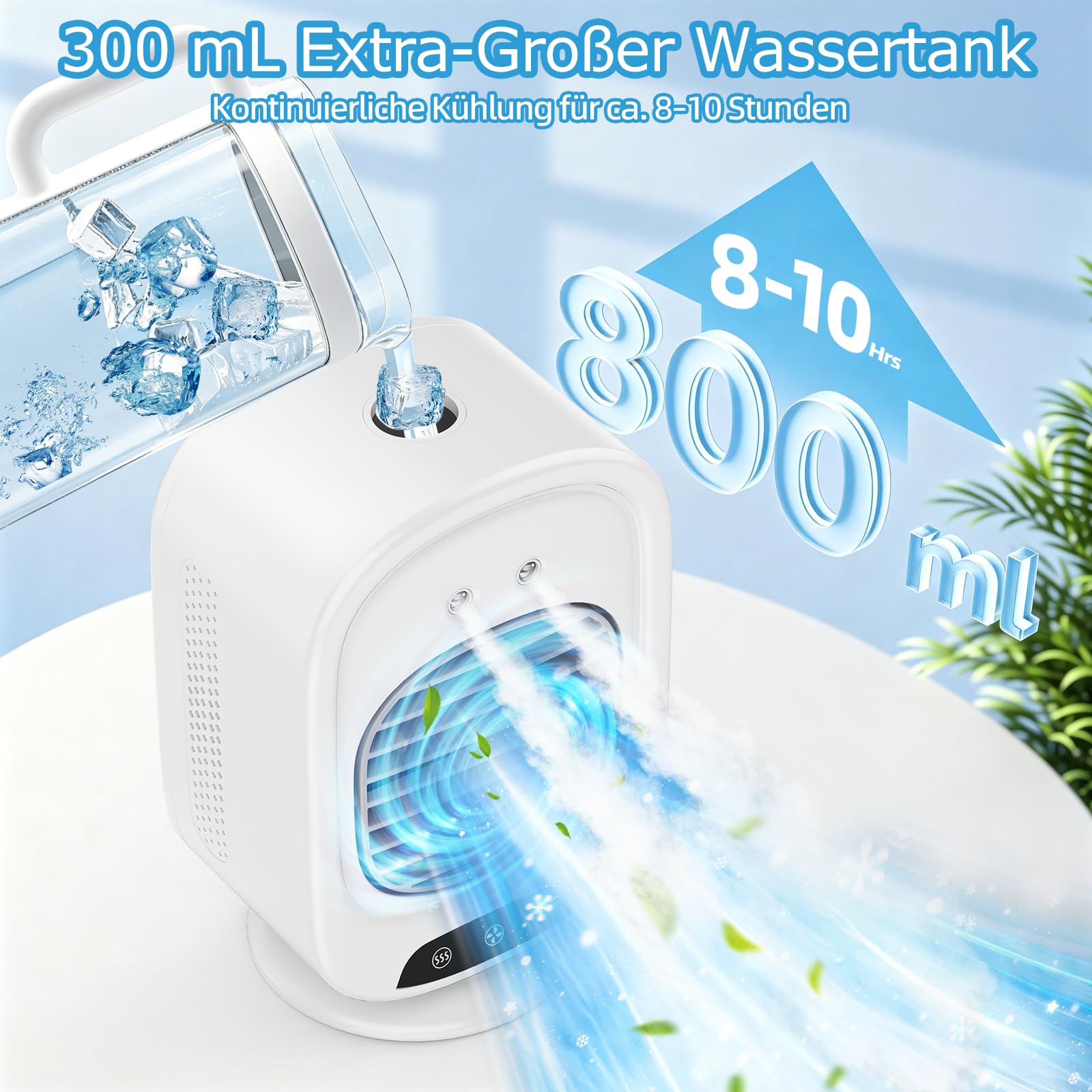 Mobile Klimaanlage, Mini Luftkühler mit 300mL Wassertank, 3 Geschwindigkeiten, 2 Sprühmodus, Mobil Klimagerät USB, Klimaanlage mobil für Büro, Schlafzimmer, Camping (Weiß)