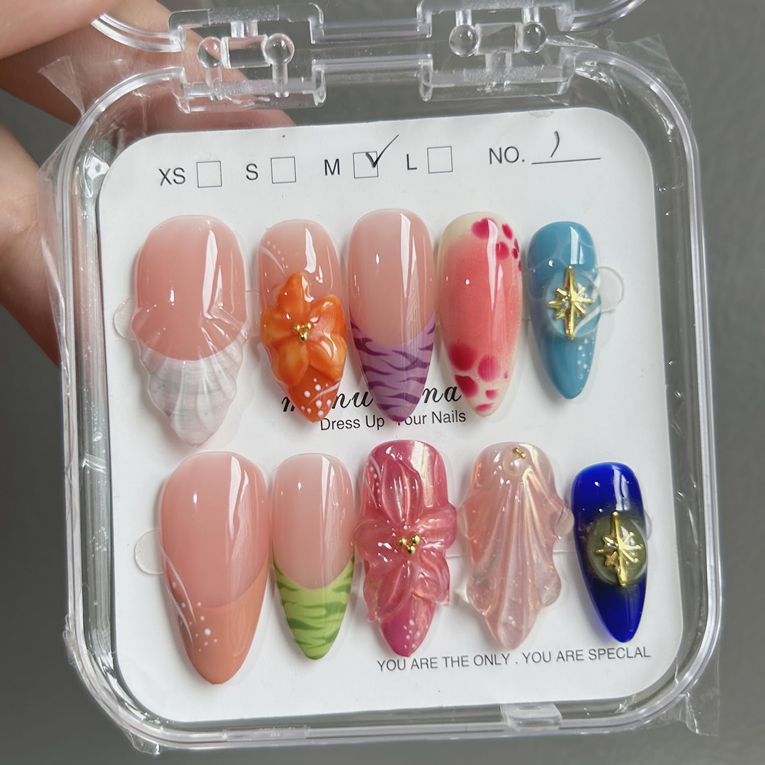 Medium - Medium Almond Handmade Unique Fake Nails, Artistic Design, Thick Acrylic and Muti-Layer Gel False Nails, Reusable Gel Cured Sturdier 3D Fake