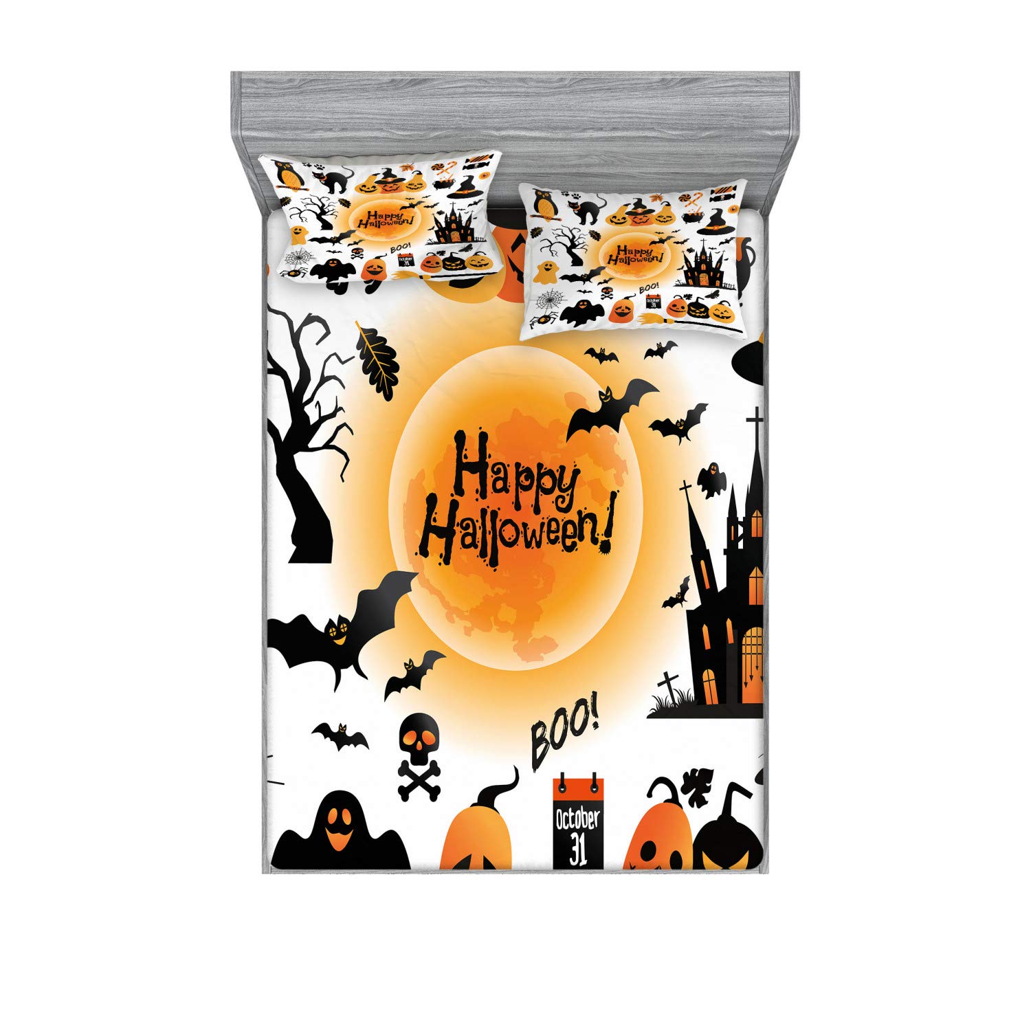 Ambesonne Halloween Fitted Sheet & Pillow Sham Set, All Hallows Day Objects Haunted House Owl and Trick or Treat Candy Black Cat, Decorative Printed 3 Piece Bedding Decor Set, Calking, Orange Black