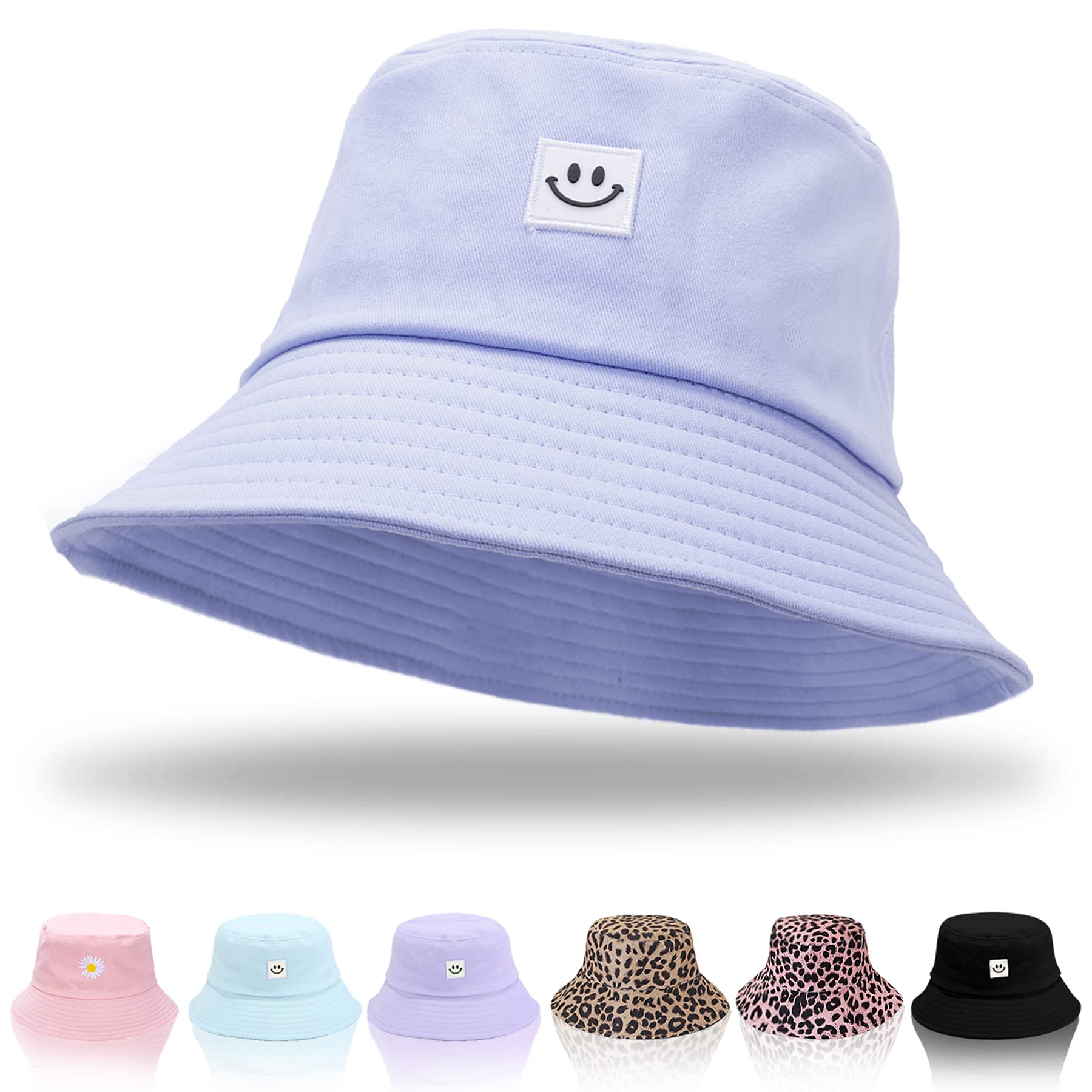 Keho Women's Smiley-Purple Bucket Hats - Reversible Cotton Summer Beach Sun Hats Foldable Fisherman Hat For Travel Beach Hiking Uk
