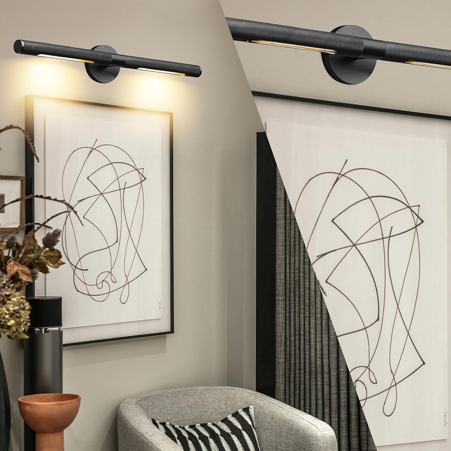 24” Brass Picture Lights, 3000K&6000K Modern Vanity Light, 360° Rotatable Wall Sconces Lampshade, Hardwired Art Light Over Picture Frame for Living Room, Bookcase, Artwork, Black