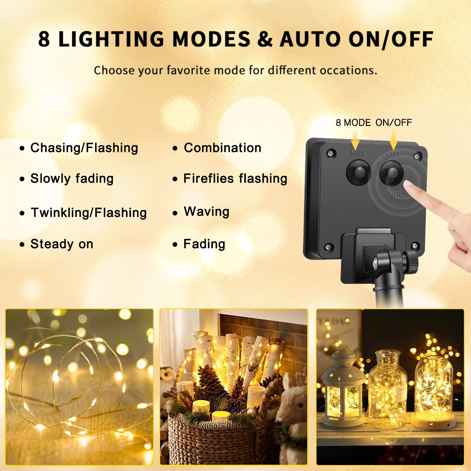 JMEXSUSS Lot de 4 guirlandes lumineuses solaires à 100 LED, 10 m, blanc chaud, étanche, 8 modes, fil de cuivre, lumières solaires scintillantes pour jardin, cour, arbre, mariage