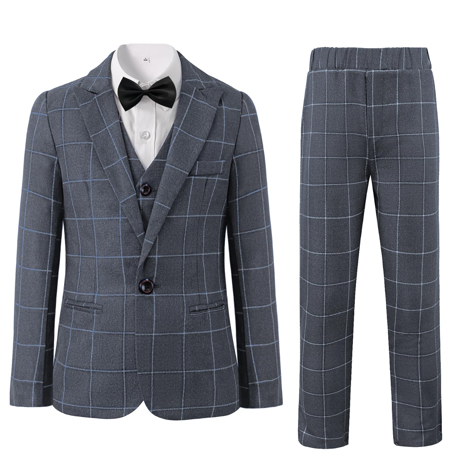 Karierter Anzug für Jungen, 5-teilig, formelle Outfits, schmale Passform, Kleid, Kleidung, Kinder, Smoking, Blazer, Hemd, Weste, Hose, Fliege
