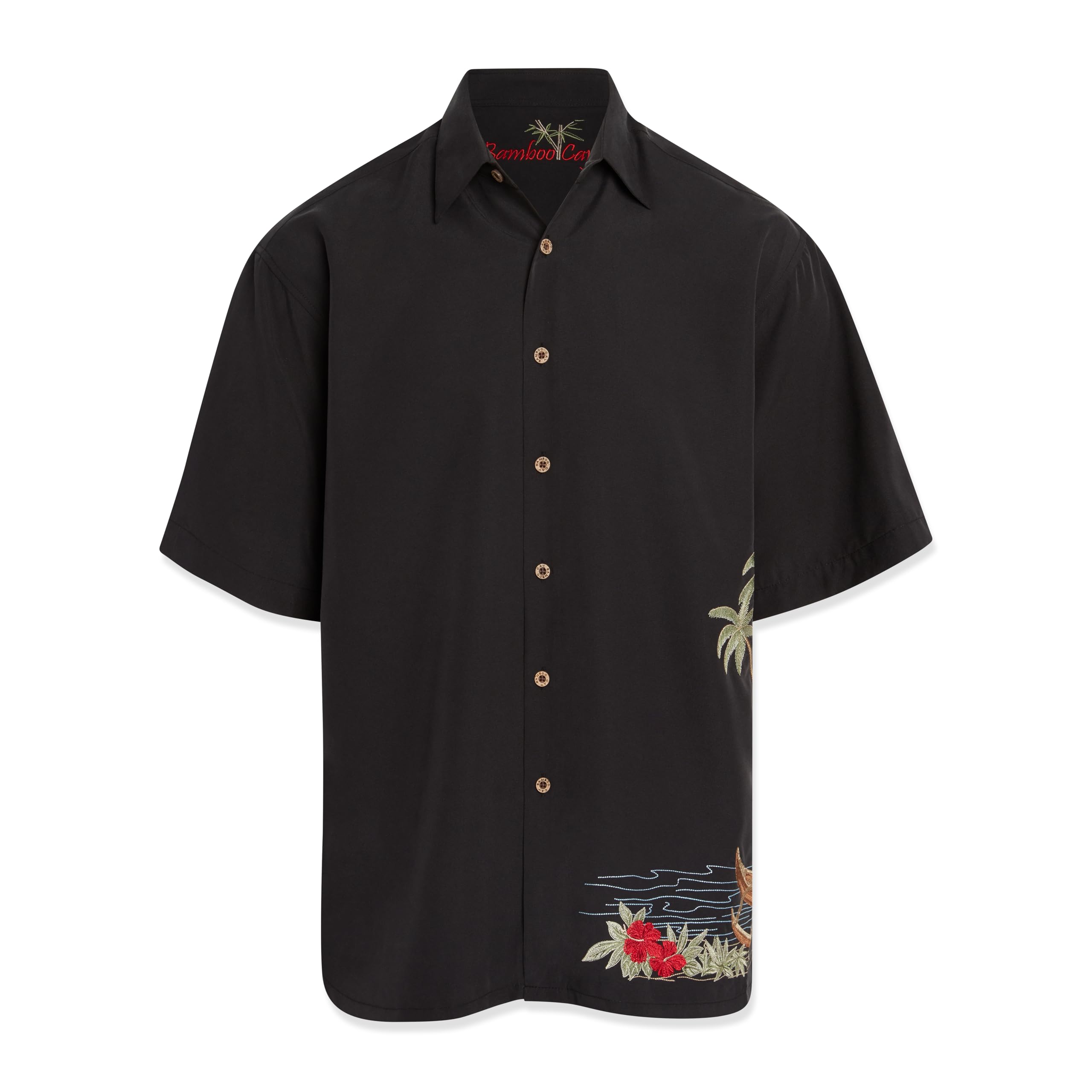 Bamboo Cay Men's Dancing Hula Short Sleeve Embroidered Button Down Tropical Camp Shirt