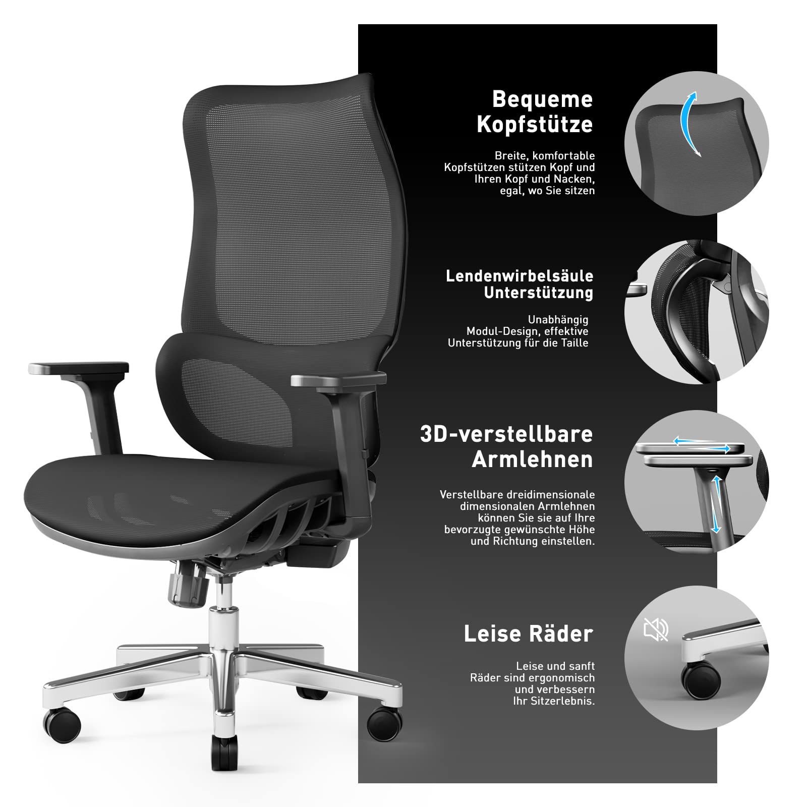 JOYFLY Chaise Bureau Ergonomique, Chaise de Bureau avec Assise Réglable, Fauteuil de Bureau avec Soutien Lombaire, Siege Bureau Chaise Gaming Ordinateur Maille,Adulte,150kg(Noir)