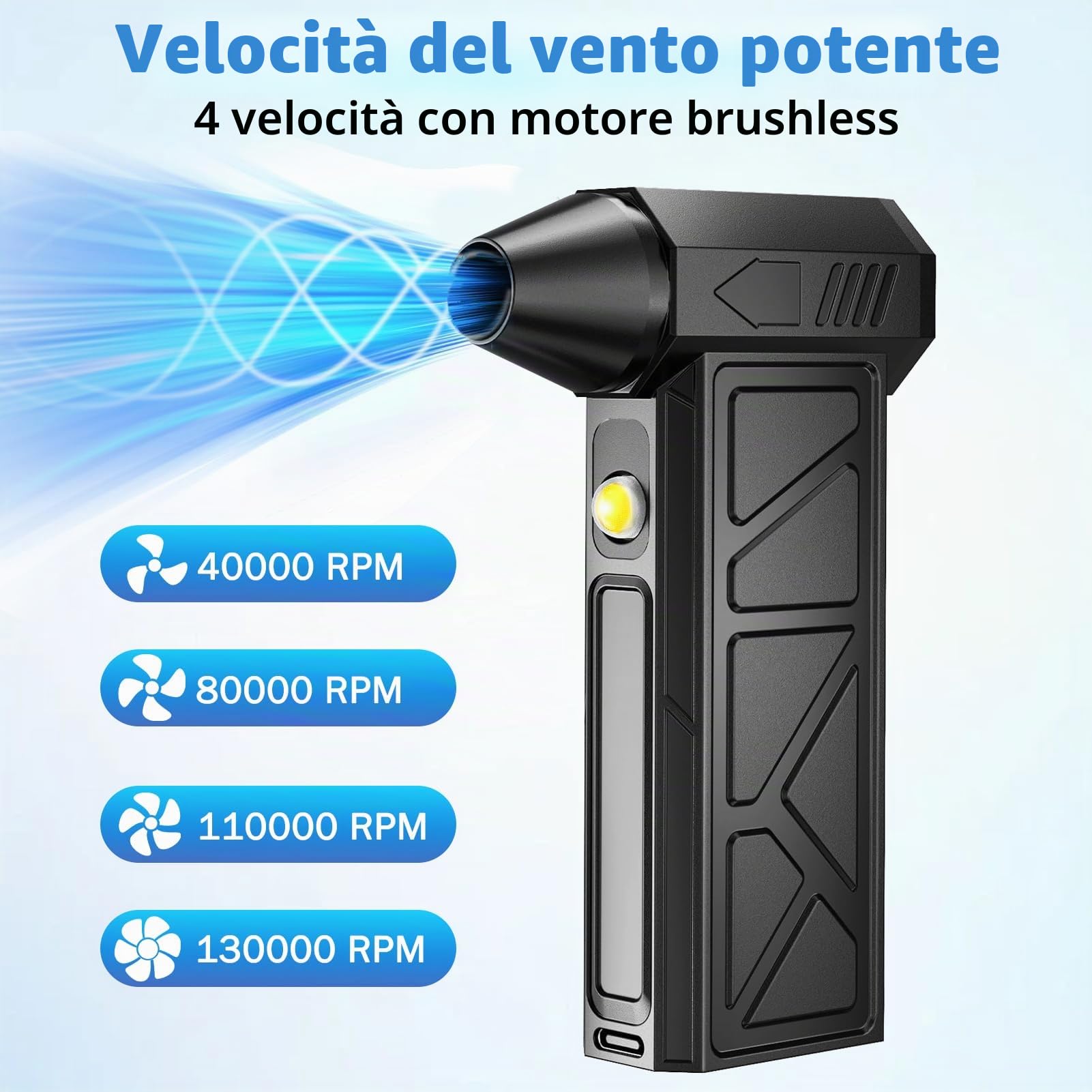 Soffiatore elettrico, soffiatore cordless da 130000 giri/min, mini soffiatore regolabile a 4 velocità con batteria da 4000 mAh per computer, tastiera, uso esterno, casa e auto