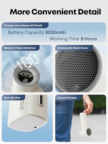 Miniatura 5 de Mini ventilador portátil, 5 velocidades, 3000 mAh, 10 W, carga rápida, pequeño ventilador de mano recargable con pantalla digital, perfecto para