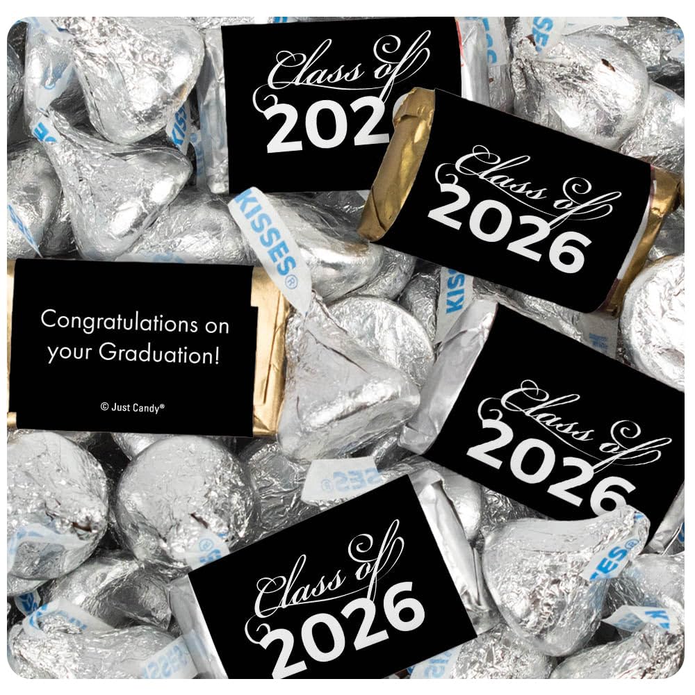 124 Pcs Black Graduation Class of 2026 Candy - Black Wrapped Miniatures and Silver Kisses For Party Favors, Goodie Bags, Dessert Tables And More (1.52 lbs)