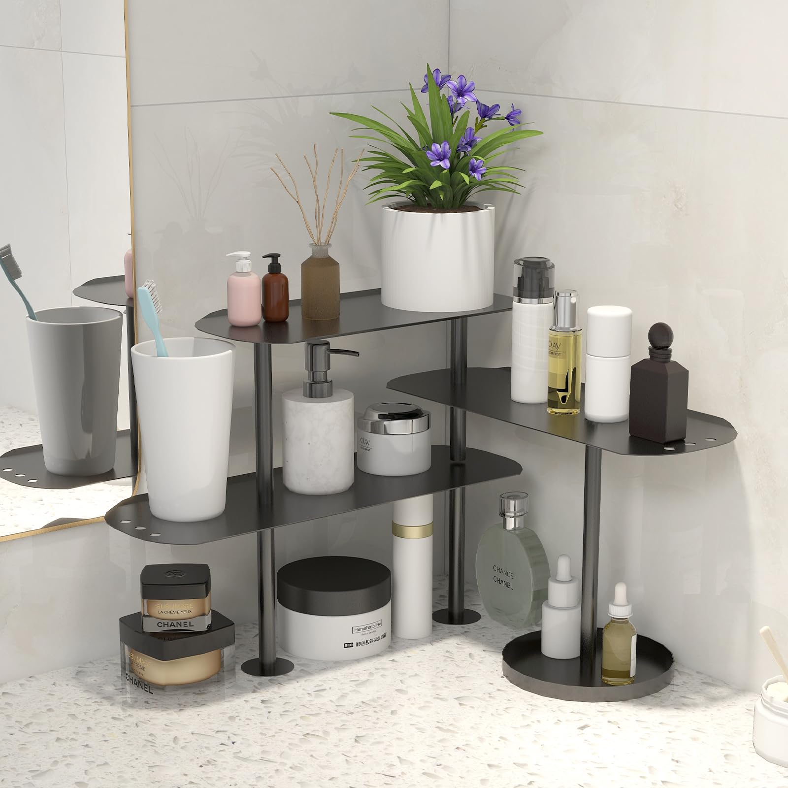 STWWO Organizer für Küche Arbeitsplatten, Verstellbar Eckregal Schreibtisch Organizer Metall Gewürzregal mit 3 Etagen Kaffeebarständer Vertikale Rack für Esszimmer Küchen Badezimmer, Schwarz