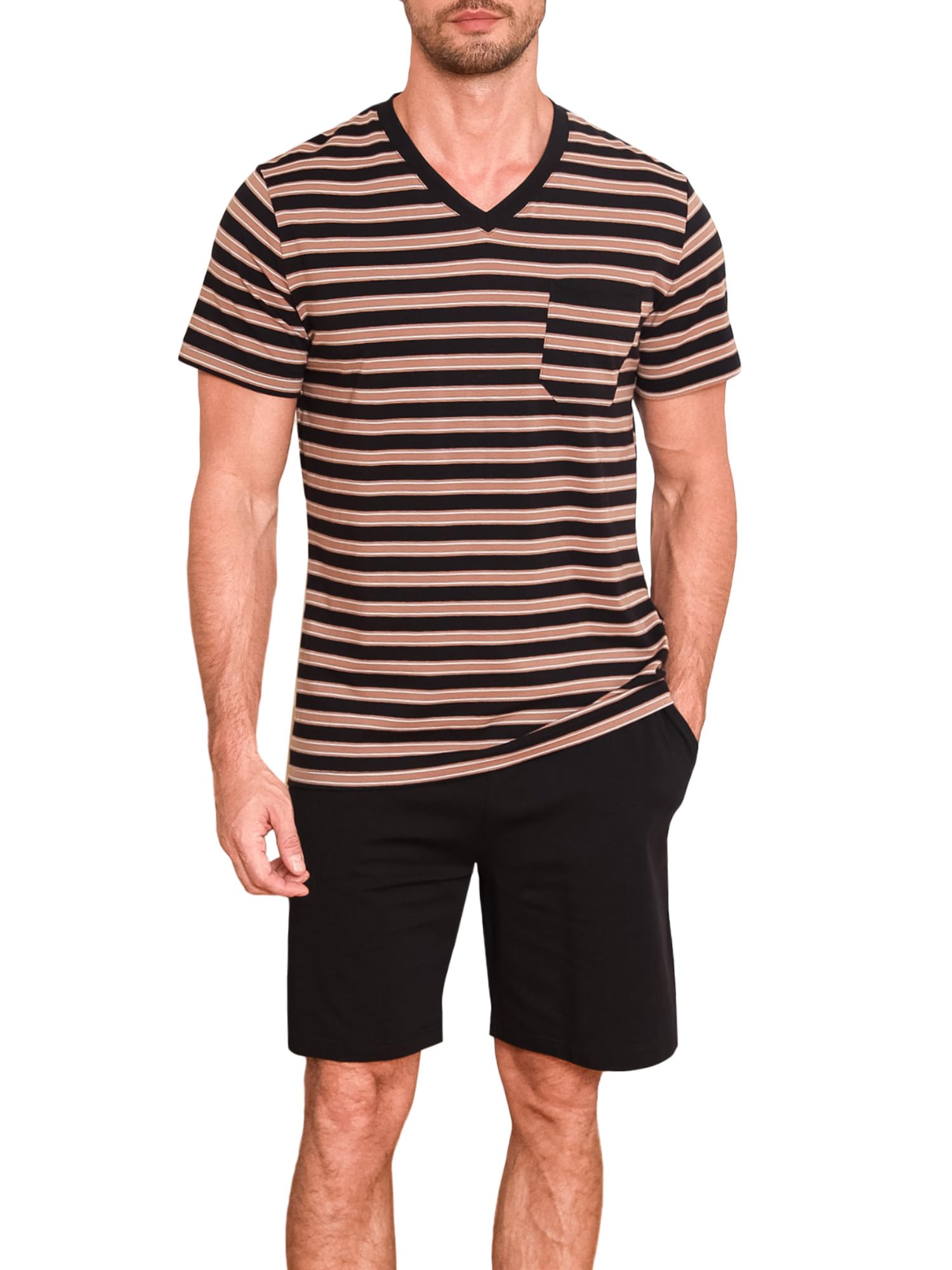 Winovia Schlafanzug Herren Kurz - Sommer Pyjama Set aus Baumwolle - Gestreifte Nachtwäsche mit V-Ausschnitt & Brusttasche - Weiche Homewear Shorty für Männer
