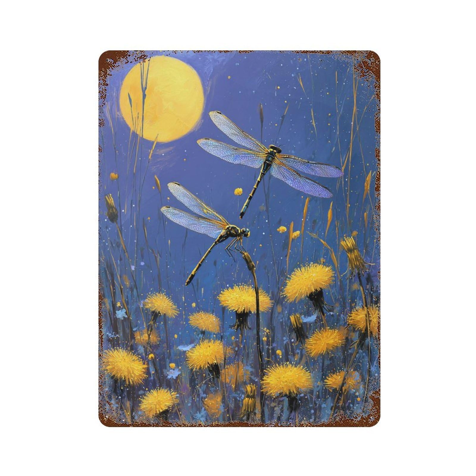 Dragonflies in Yellow Flowers 15.7"x11.8" Rust Effect Tin Sign, Vintage Wall Decor for Farmhouse, Kitchen And Entryway Decor