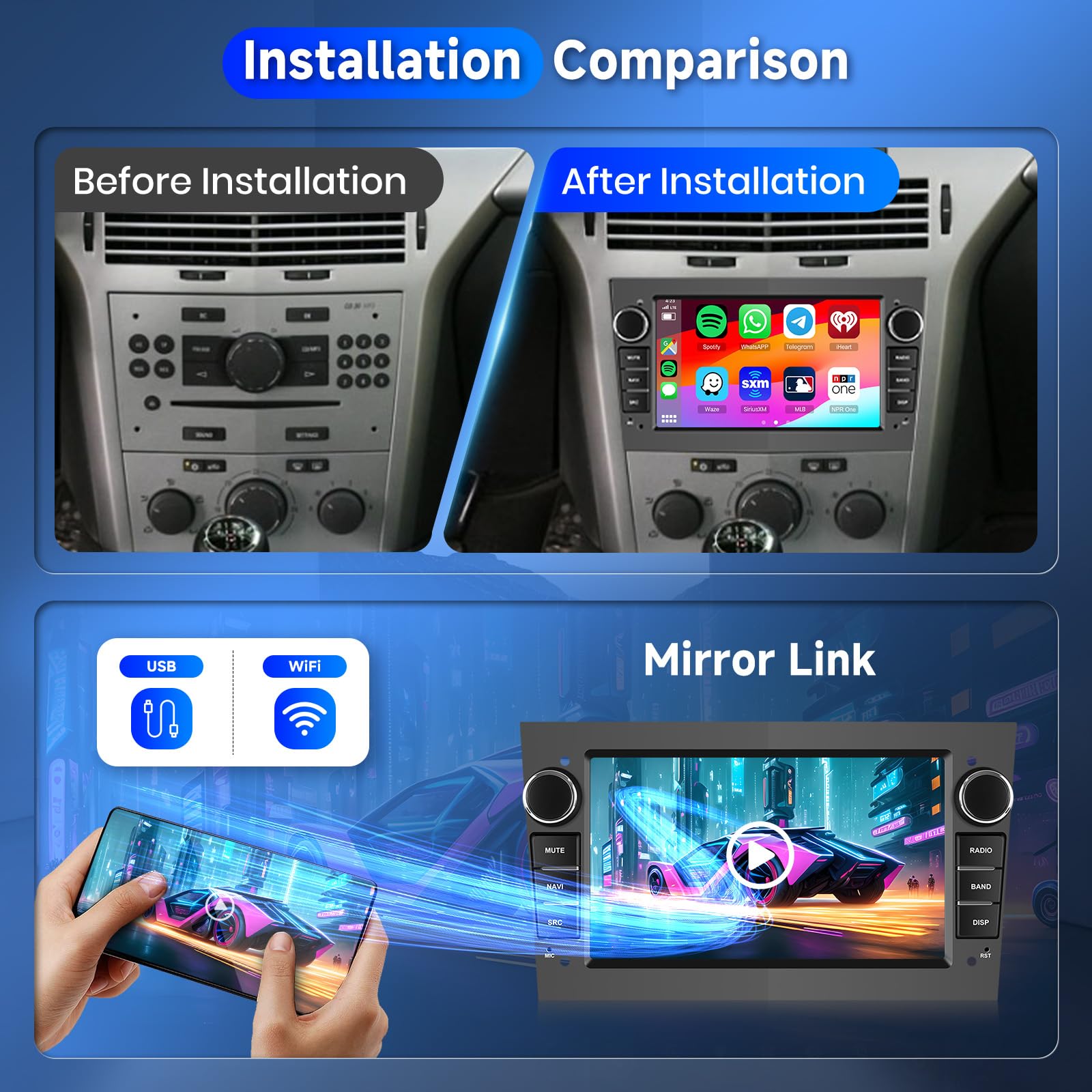 Hodozzy Carplay radio samochodowe 2 + 64G, do Opel Astra Antara, Vectra Corsa Zafira Meriva Vivaro Combo, 7-calowy samochód stereo Bluetooth z systemem Android Auto/WiFi/GPS/RDS/FM/USB + kamera