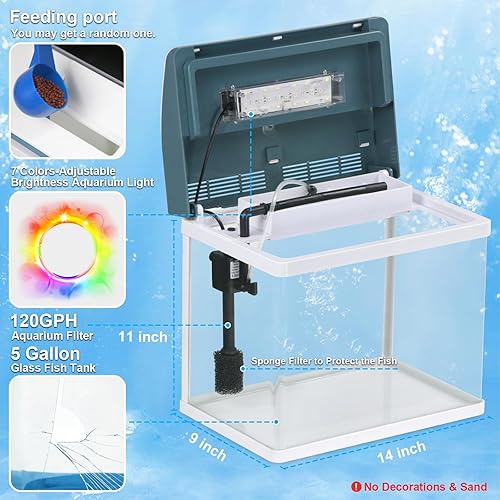 Miniatura 3 de Betta Fish Tank - Kit de tanque de peces de acuario de vidrio autolimpiante de 5 galones con luz LED y filtros, kit de inicio de acuario, nano