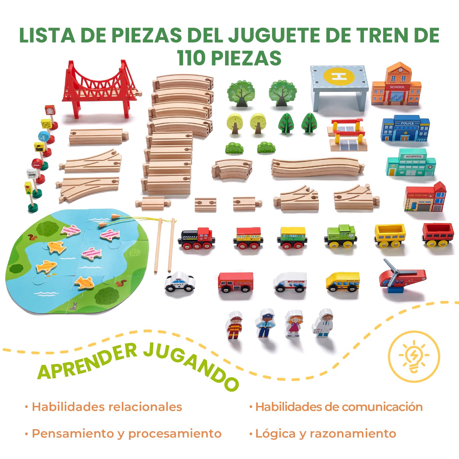 Juego de tren de madera, 110 piezas, pistas de tren de madera y trenes para niños, se adapta a Thomas, Brio, Melissa y Doug - Juguete de tren para niñas y niños de 3 a 4 a 5 años